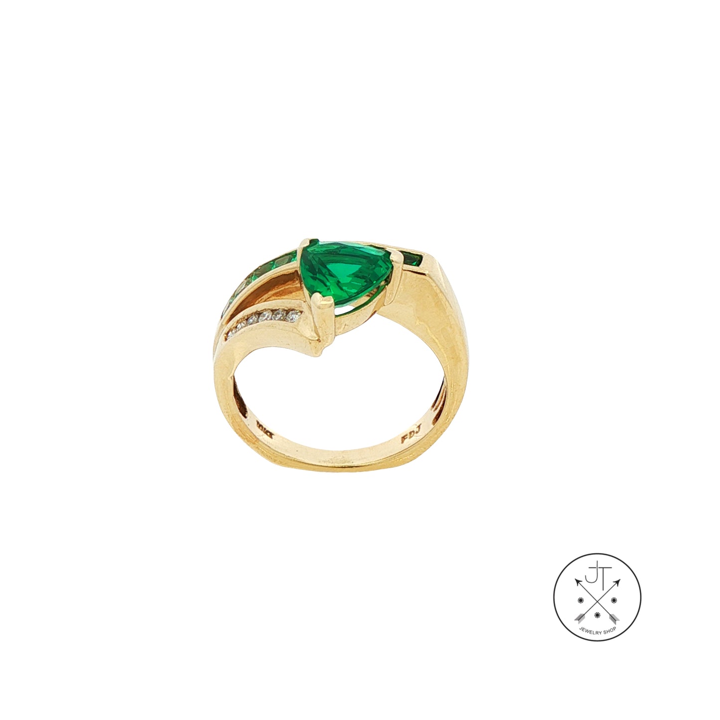 10k Yellow Gold Ring with Created Emeralds and Natural Diamonds Size 6 Euro Shank
