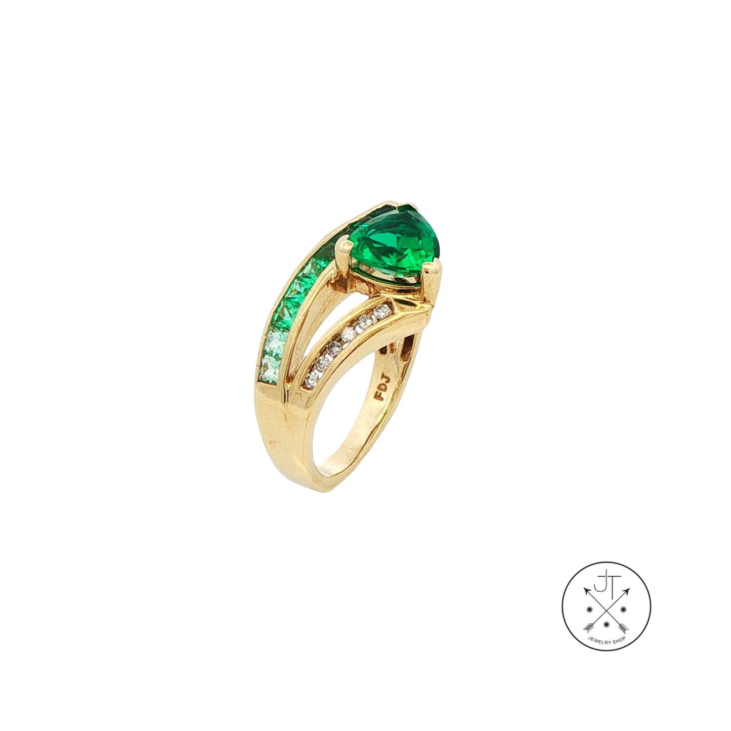 10k Yellow Gold Ring with Created Emeralds and Natural Diamonds Size 6 Euro Shank