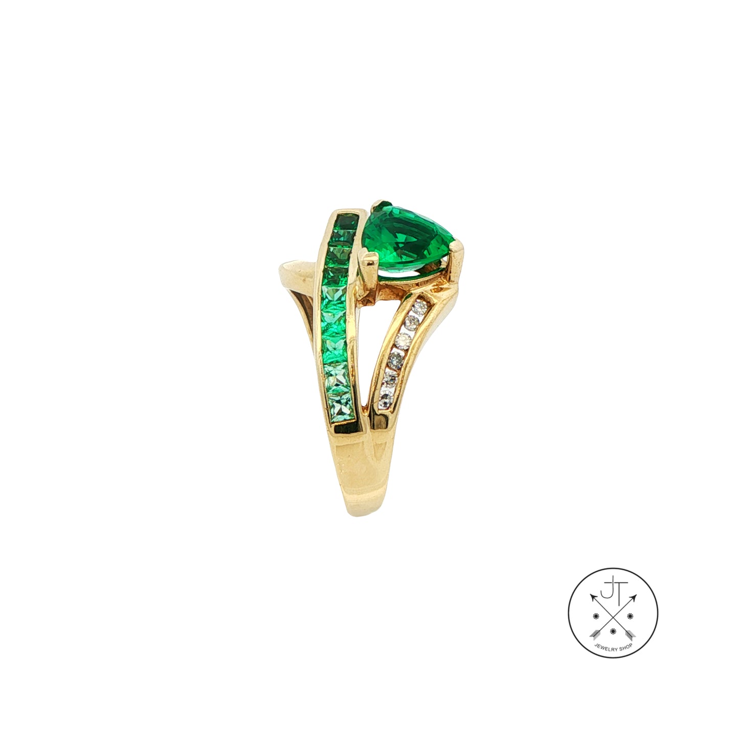 10k Yellow Gold Ring with Created Emeralds and Natural Diamonds Size 6 Euro Shank