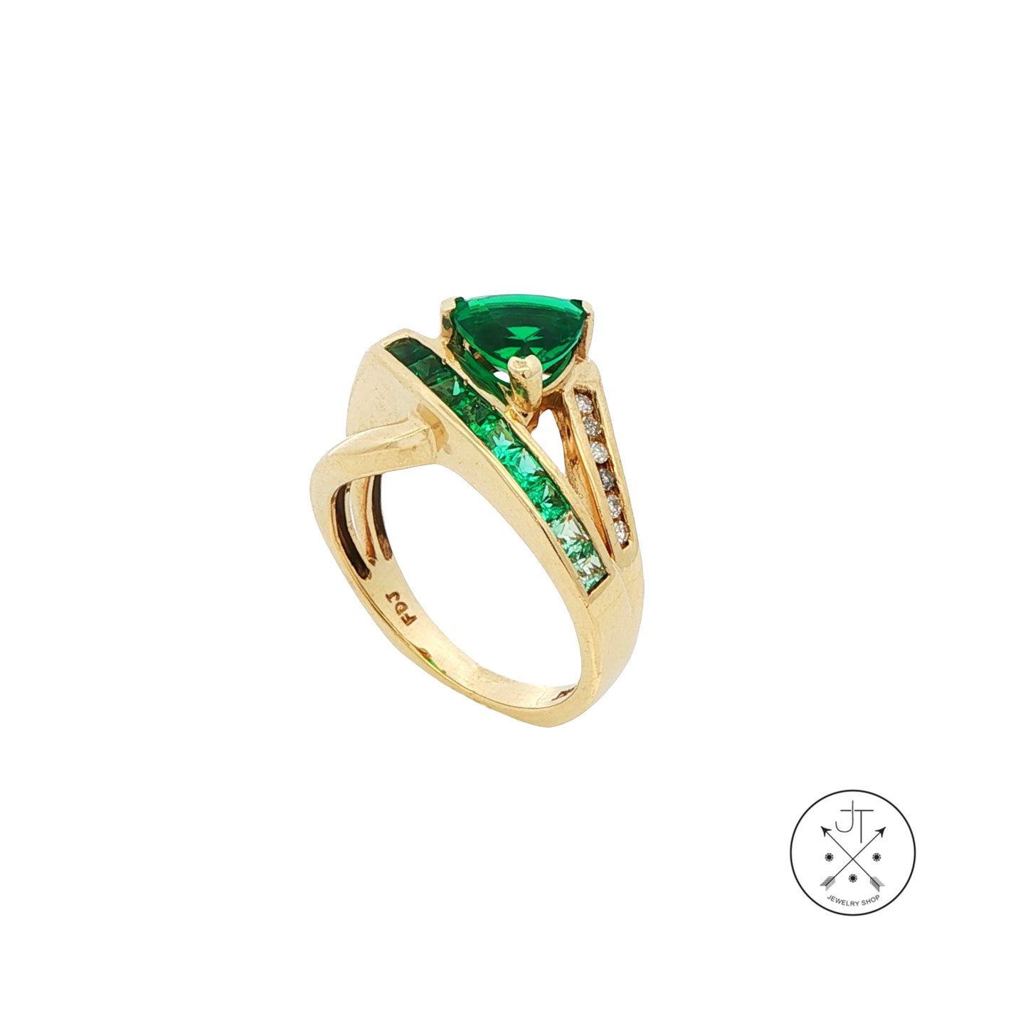10k Yellow Gold Ring with Created Emeralds and Natural Diamonds Size 6 Euro Shank