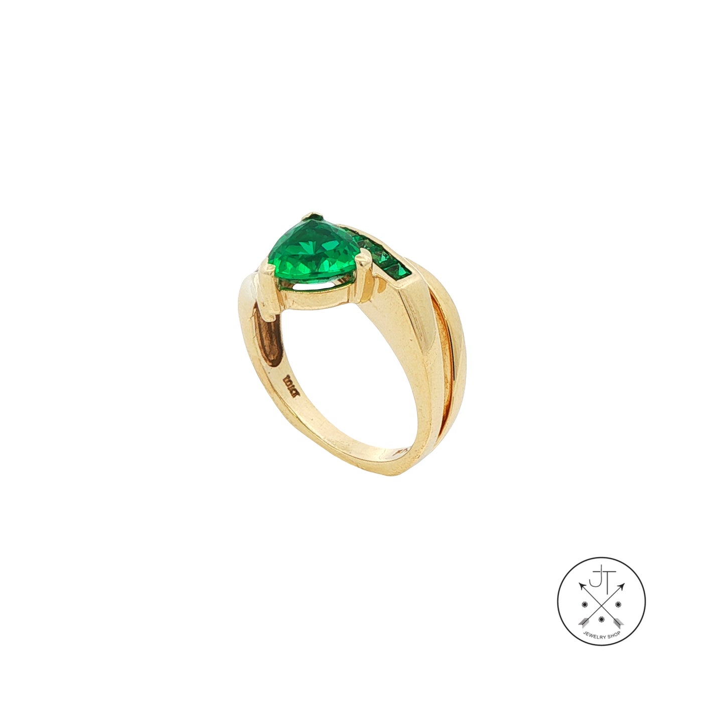 10k Yellow Gold Ring with Created Emeralds and Natural Diamonds Size 6 Euro Shank