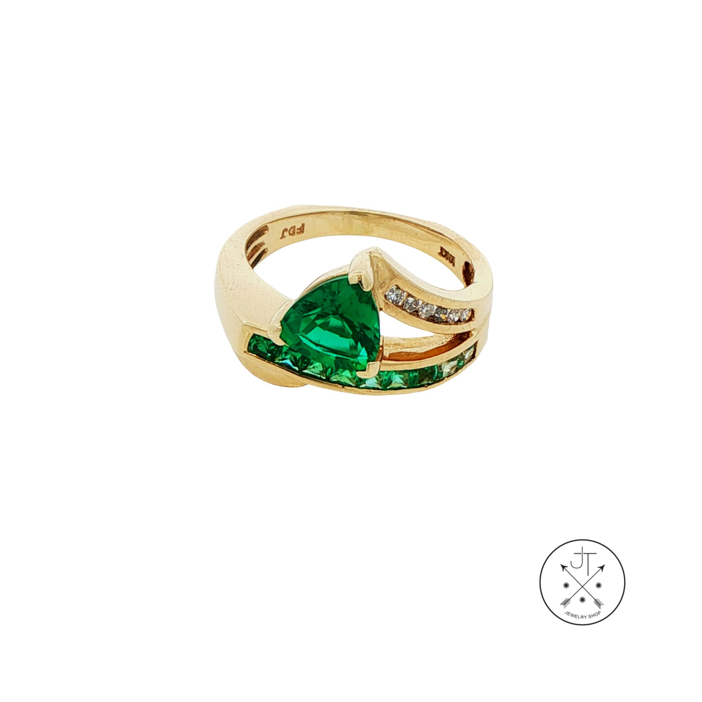 10k Yellow Gold Ring with Created Emeralds and Natural Diamonds Size 6 Euro Shank