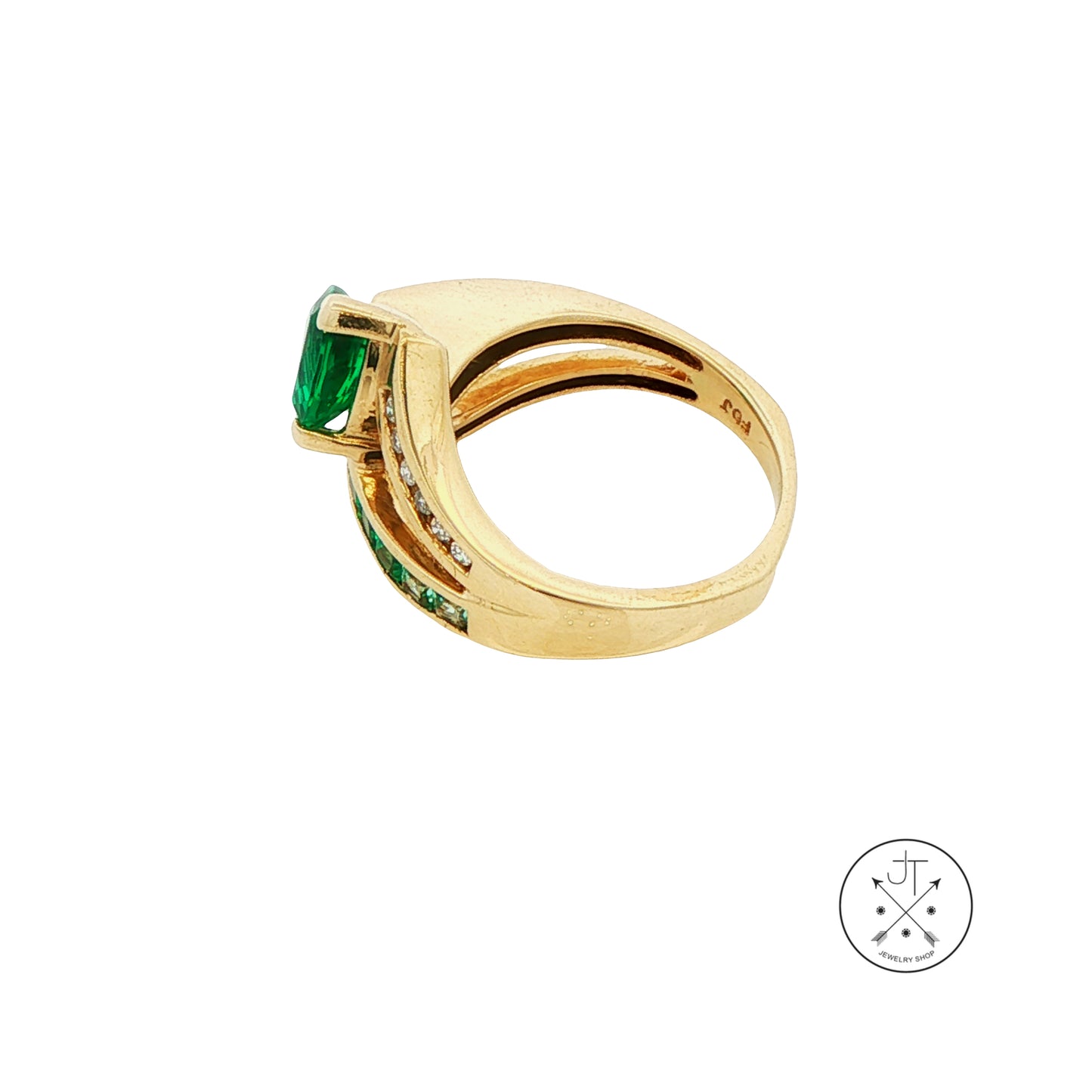 10k Yellow Gold Ring with Created Emeralds and Natural Diamonds Size 6 Euro Shank