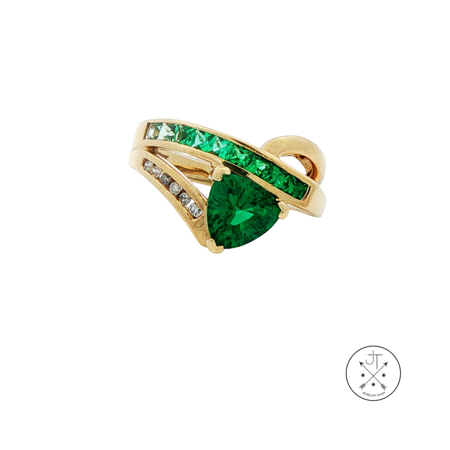 10k Yellow Gold Ring with Created Emeralds and Natural Diamonds Size 6 Euro Shank