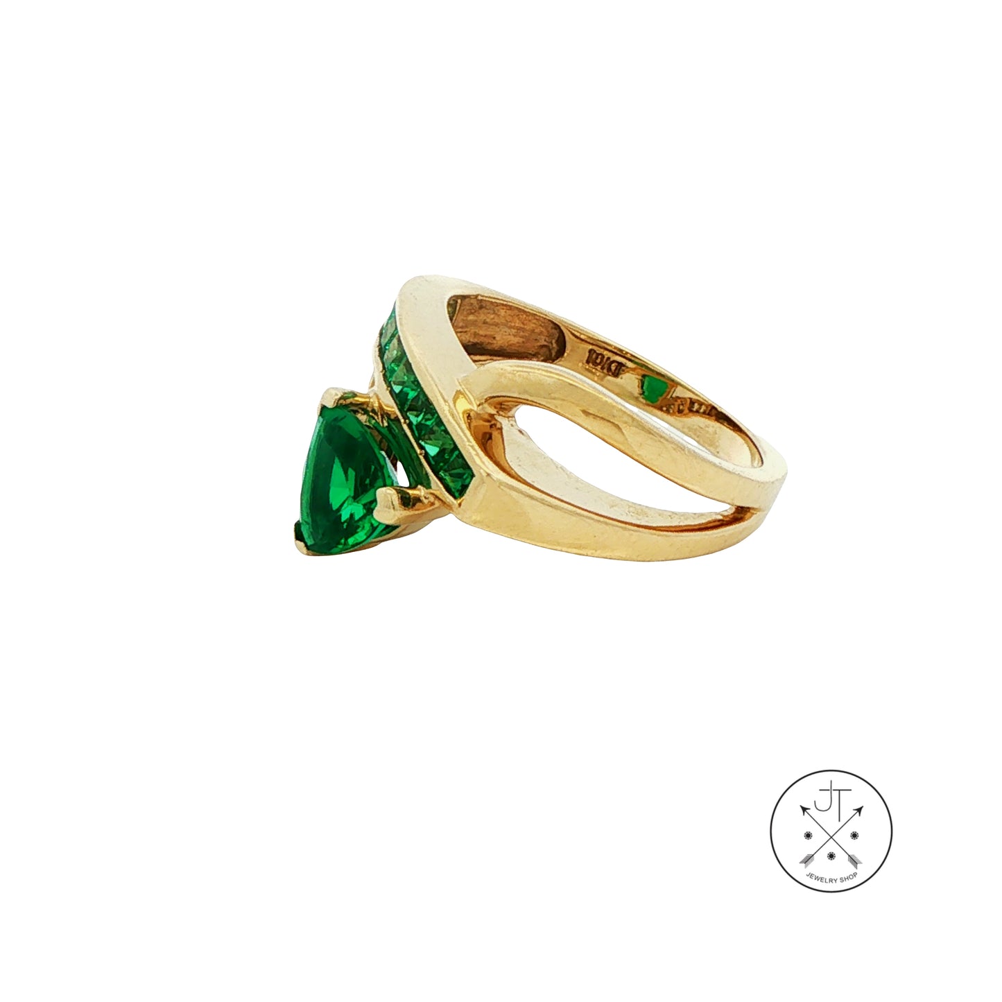 10k Yellow Gold Ring with Created Emeralds and Natural Diamonds Size 6 Euro Shank
