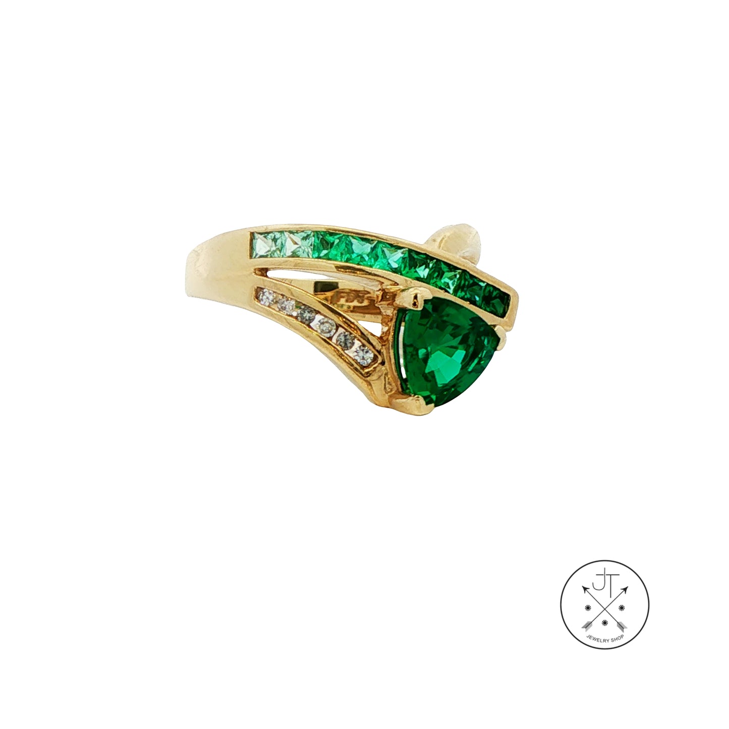 10k Yellow Gold Ring with Created Emeralds and Natural Diamonds Size 6 Euro Shank