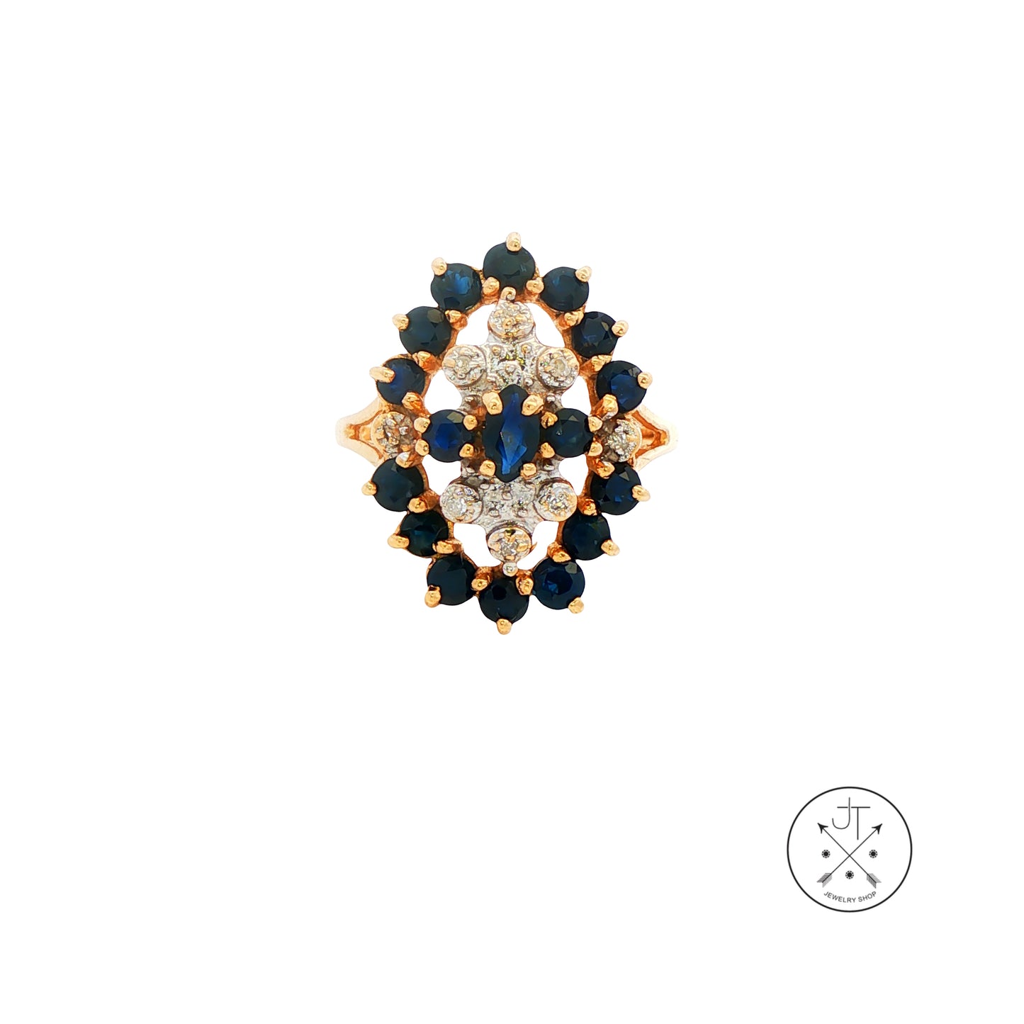 Vintage 14k Yellow Gold Cluster Ring with Natural Sapphire and Diamond Size 7.5