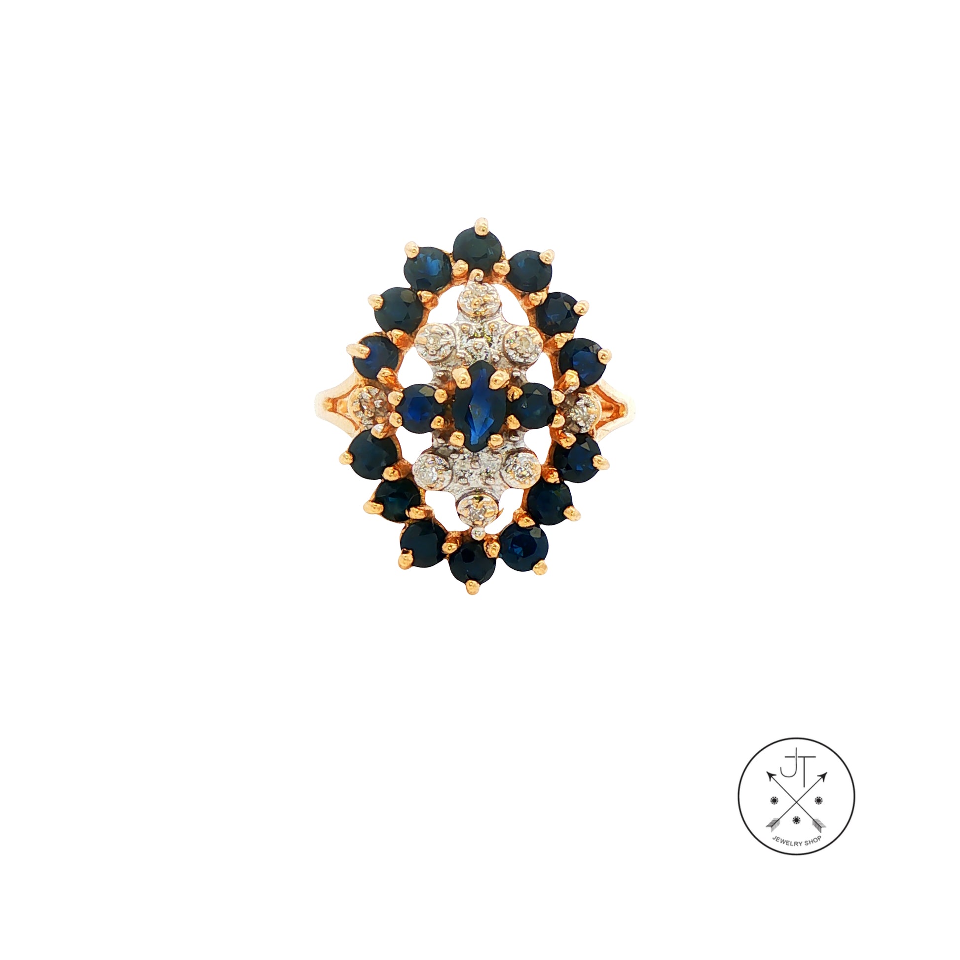 Vintage 14k Yellow Gold Cluster Ring with Natural Sapphire and Diamond Size 7.5