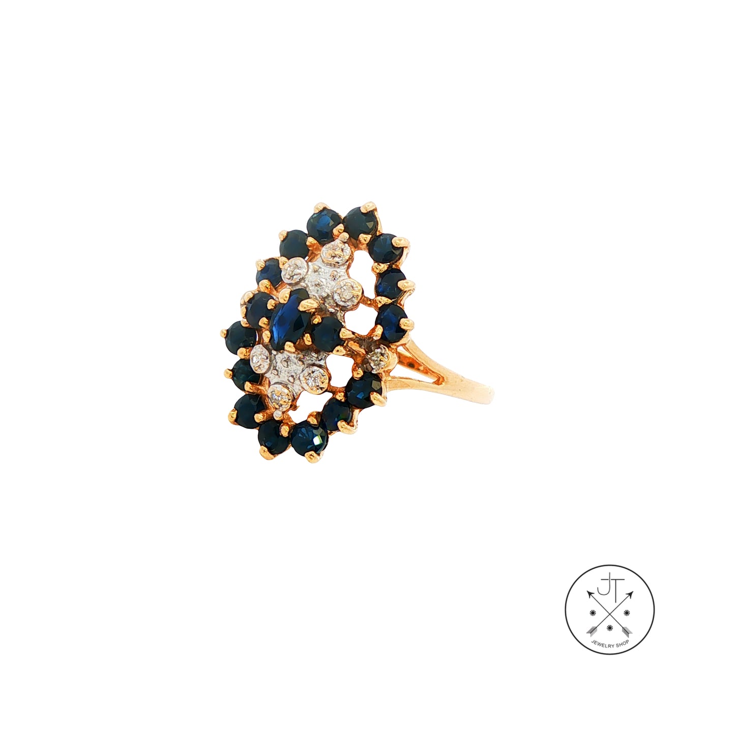 Vintage 14k Yellow Gold Cluster Ring with Natural Sapphire and Diamond Size 7.5