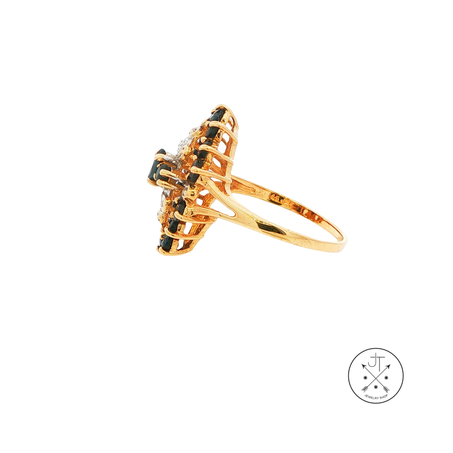Vintage 14k Yellow Gold Cluster Ring with Natural Sapphire and Diamond Size 7.5