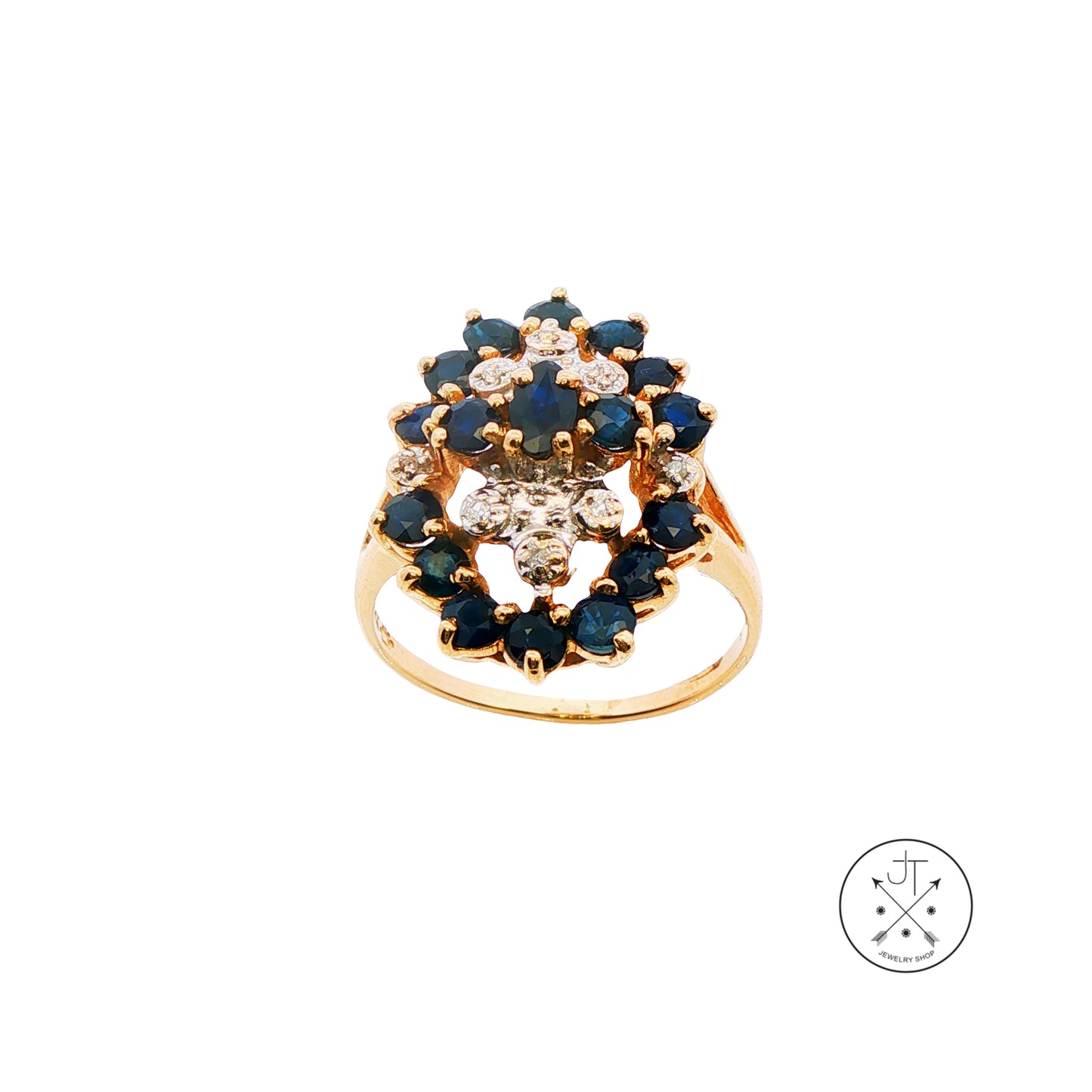 Vintage 14k Yellow Gold Cluster Ring with Natural Sapphire and Diamond Size 7.5