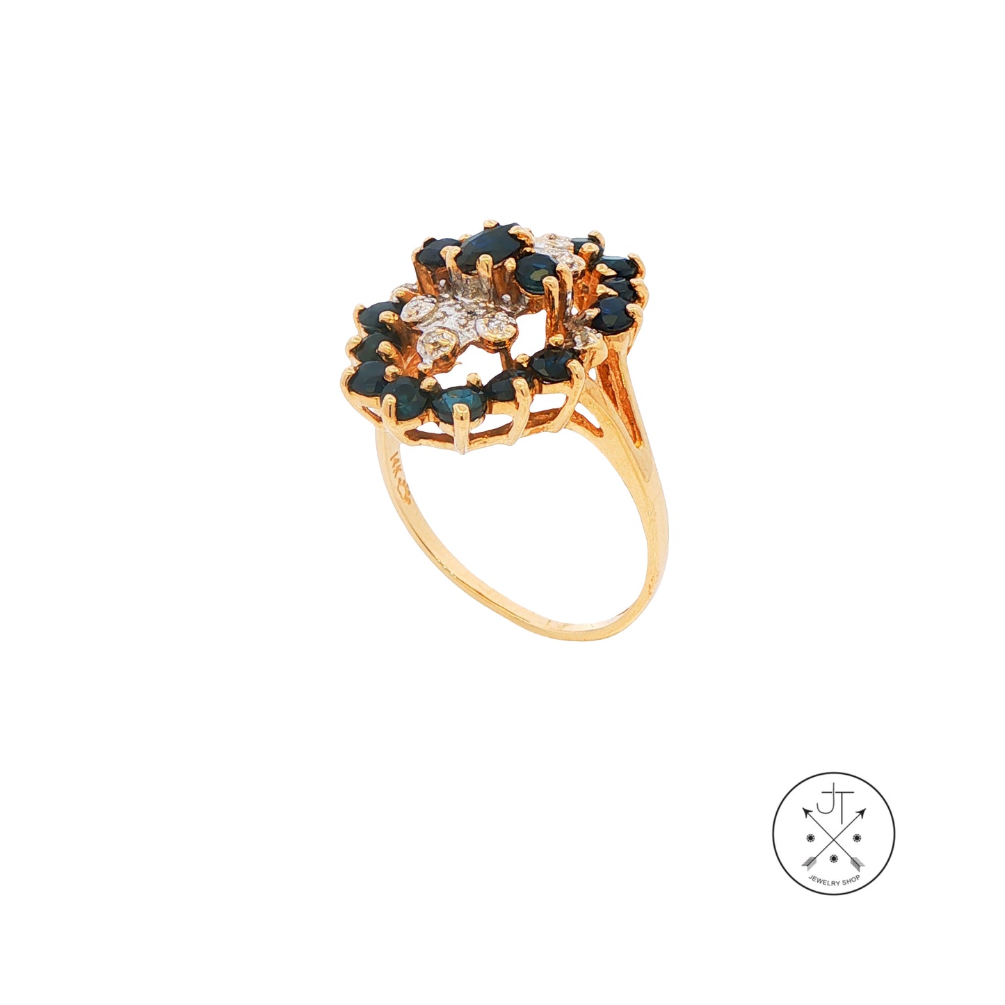 Vintage 14k Yellow Gold Cluster Ring with Natural Sapphire and Diamond Size 7.5