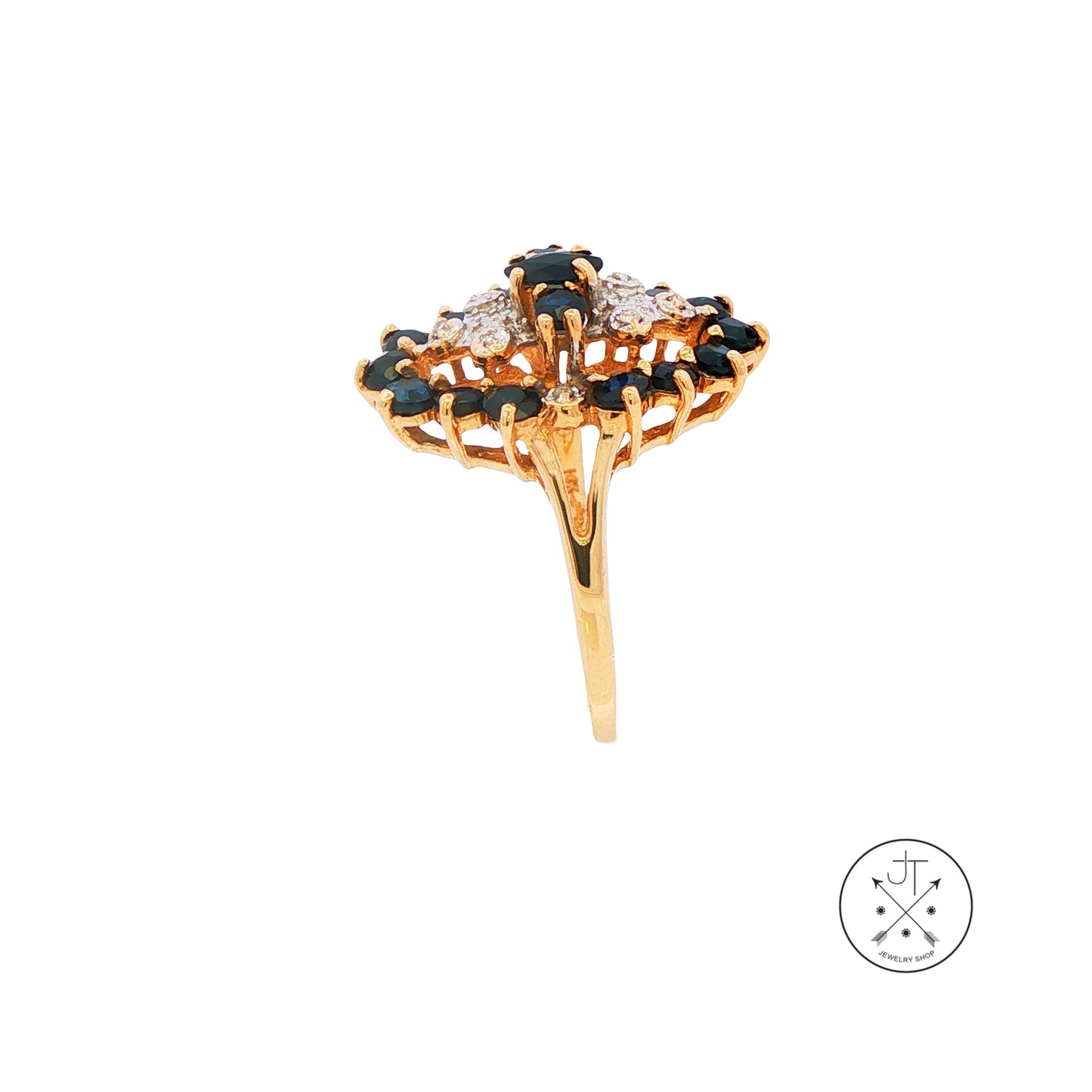 Vintage 14k Yellow Gold Cluster Ring with Natural Sapphire and Diamond Size 7.5