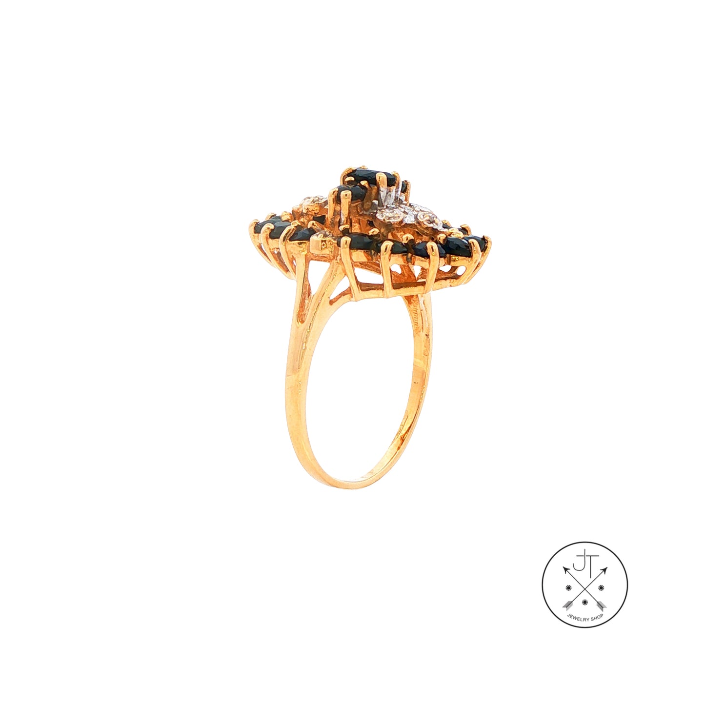 Vintage 14k Yellow Gold Cluster Ring with Natural Sapphire and Diamond Size 7.5