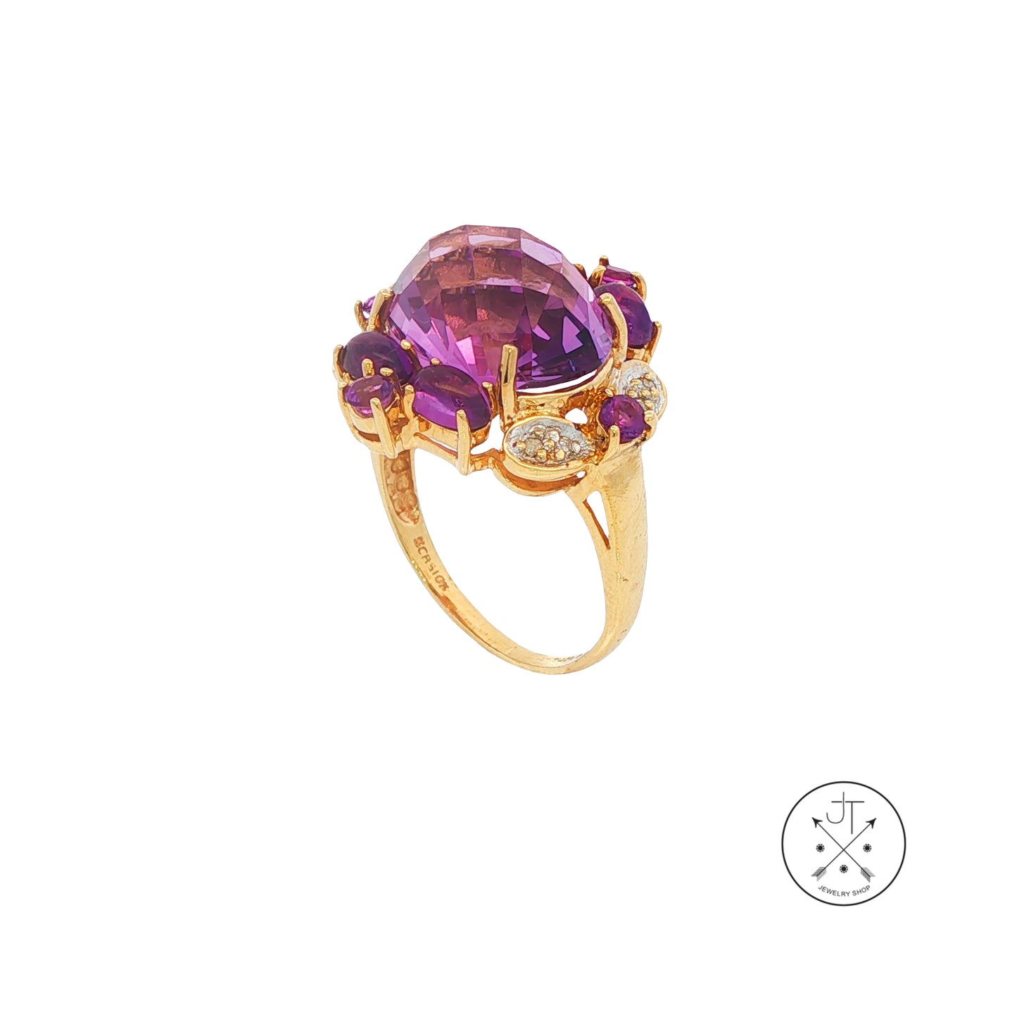 Vintage 10k Yellow Gold Ring with Natural Amethyst and Diamonds Size 7