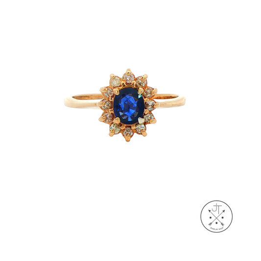 Vintage 14k Yellow Gold Ring with Natural Sapphire Diamond Halo Size 9