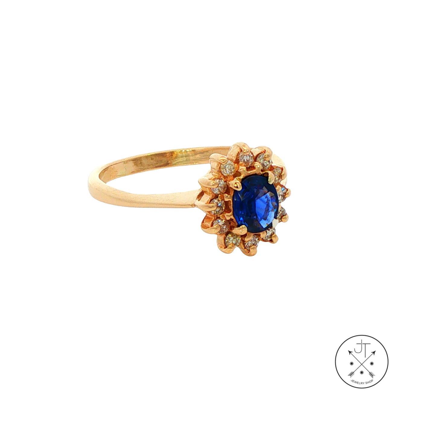 Vintage 14k Yellow Gold Ring with Natural Sapphire Diamond Halo Size 9