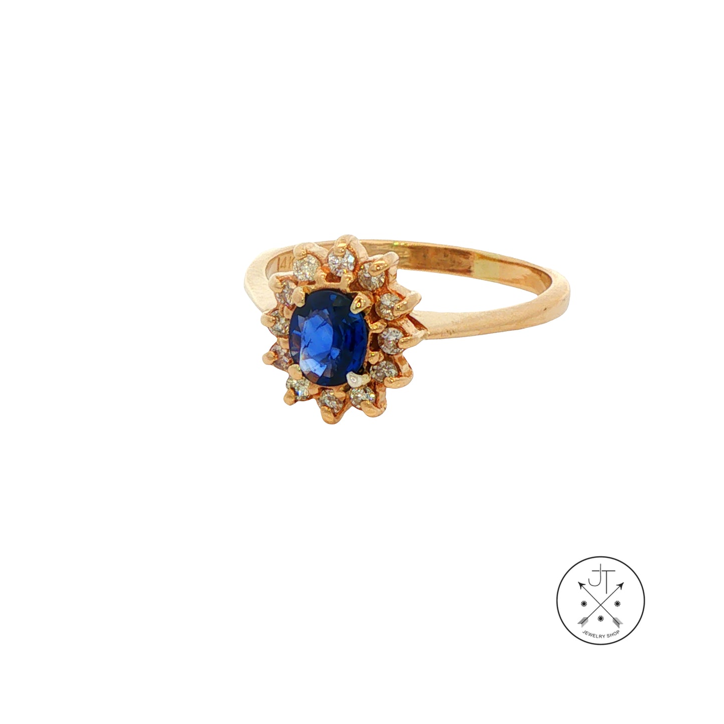 Vintage 14k Yellow Gold Ring with Natural Sapphire Diamond Halo Size 9