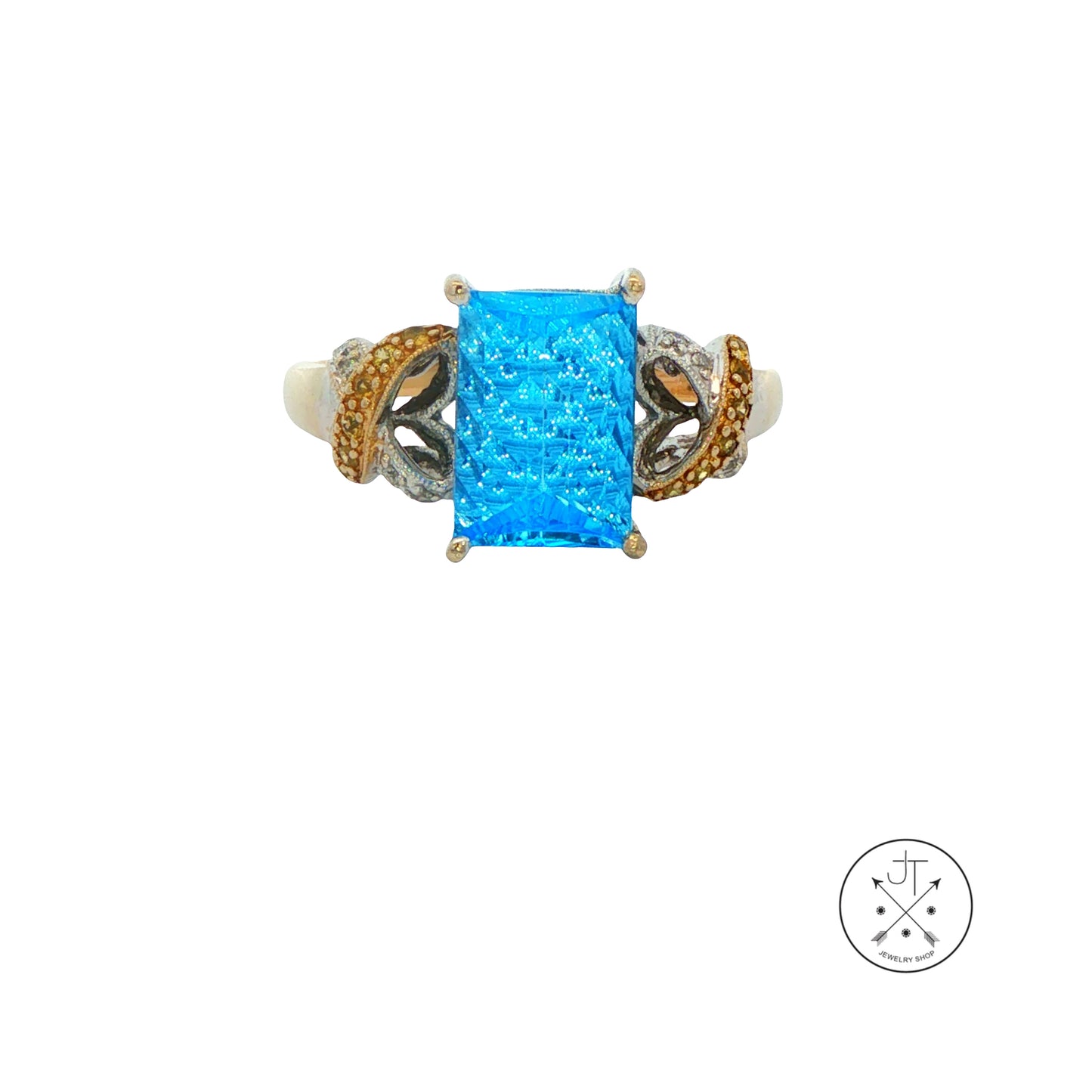 Vintage 18k 2-Tone Gold Ring with Natural Topaz and Diamond Size 8.5 Fantasy Cut