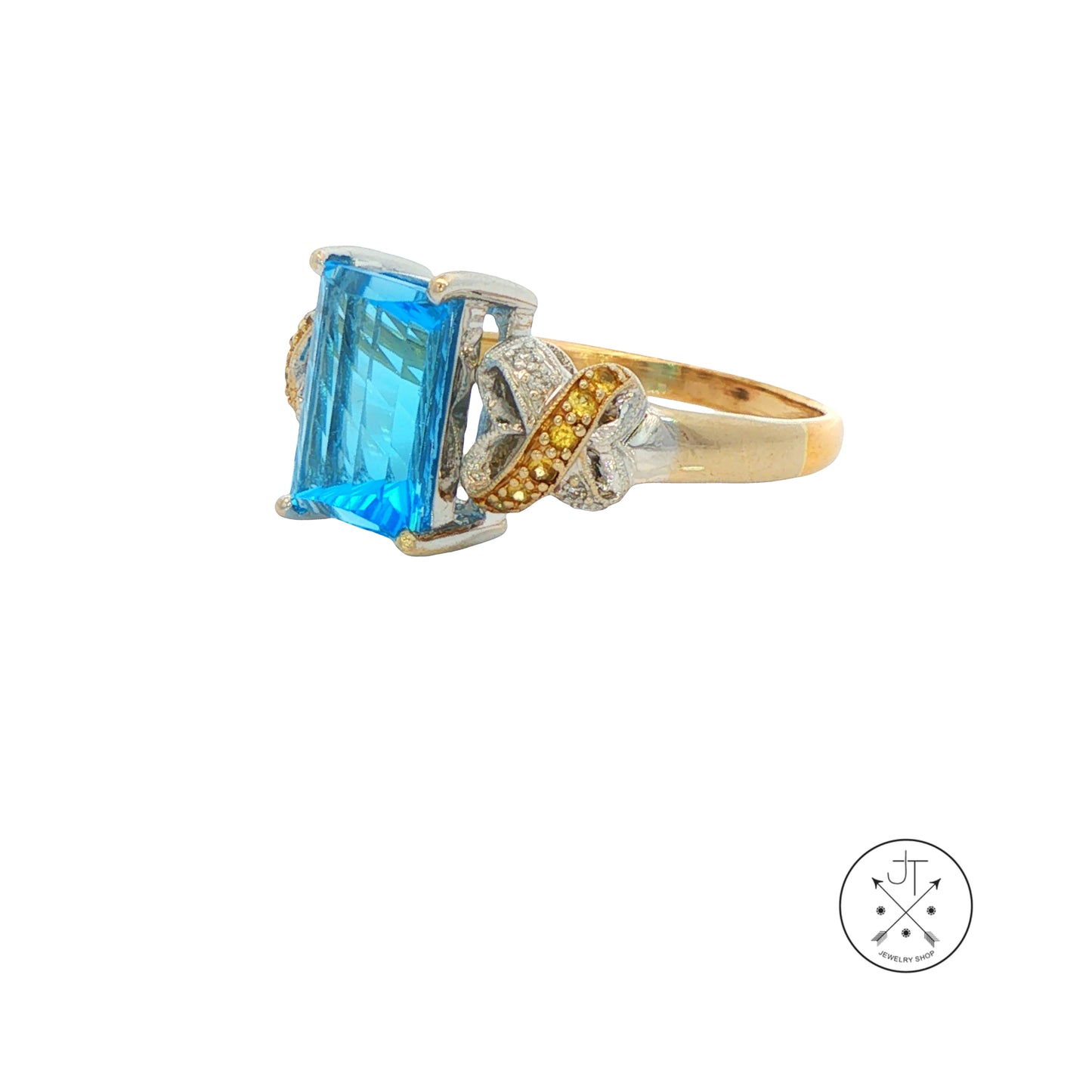 Vintage 18k 2-Tone Gold Ring with Natural Topaz and Diamond Size 8.5 Fantasy Cut