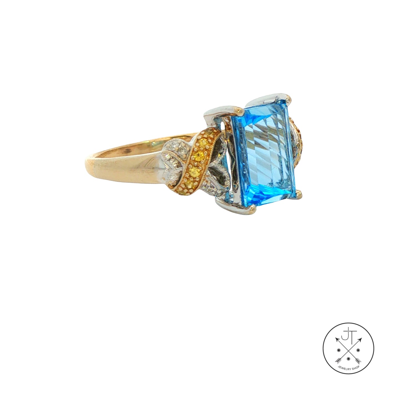 Vintage 18k 2-Tone Gold Ring with Natural Topaz and Diamond Size 8.5 Fantasy Cut