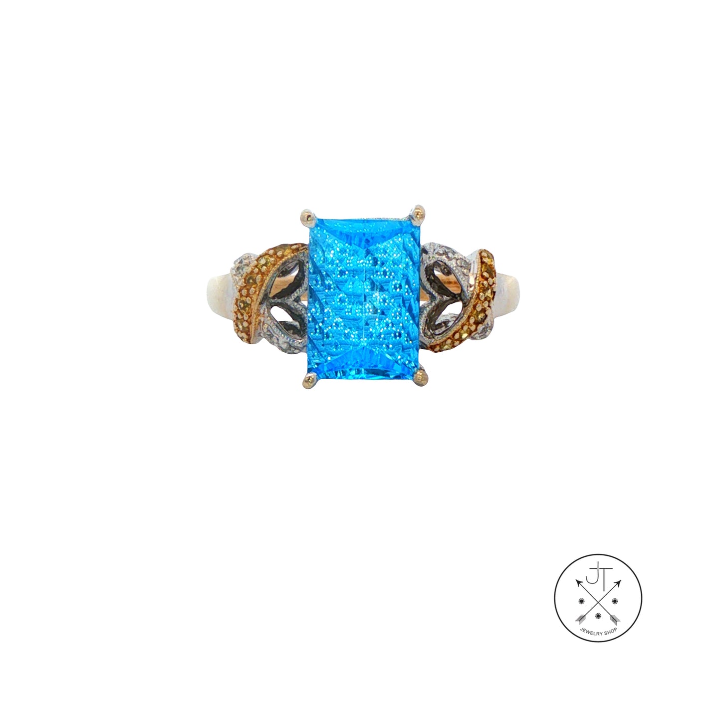 Vintage 18k 2-Tone Gold Ring with Natural Topaz and Diamond Size 8.5 Fantasy Cut