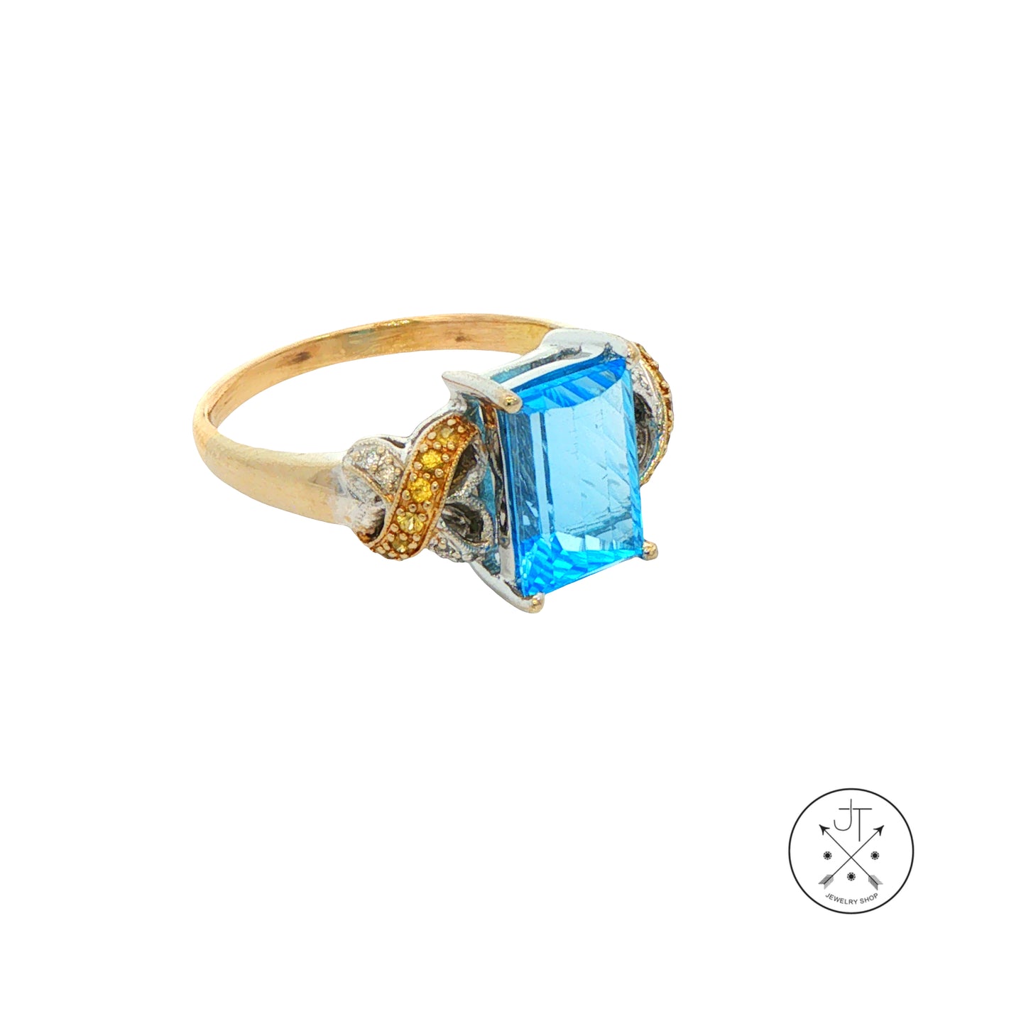 Vintage 18k 2-Tone Gold Ring with Natural Topaz and Diamond Size 8.5 Fantasy Cut