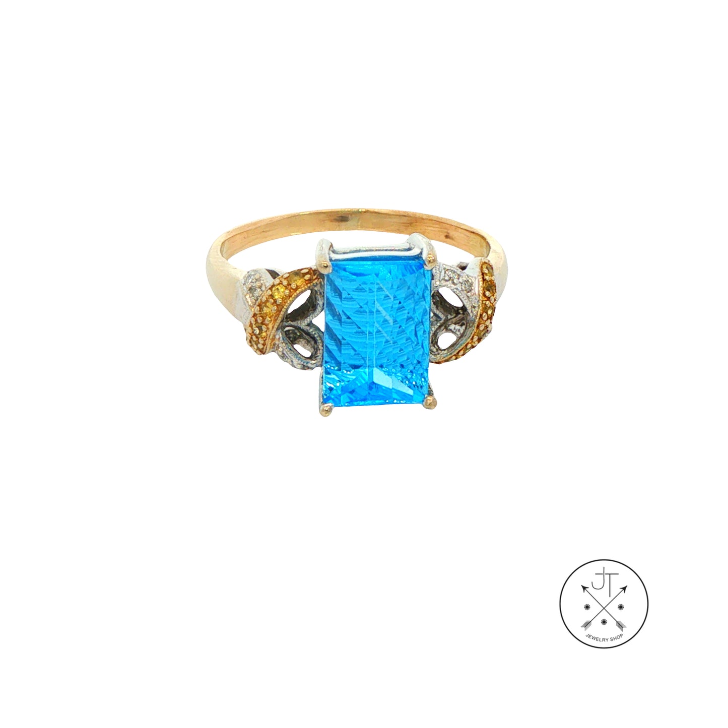 Vintage 18k 2-Tone Gold Ring with Natural Topaz and Diamond Size 8.5 Fantasy Cut