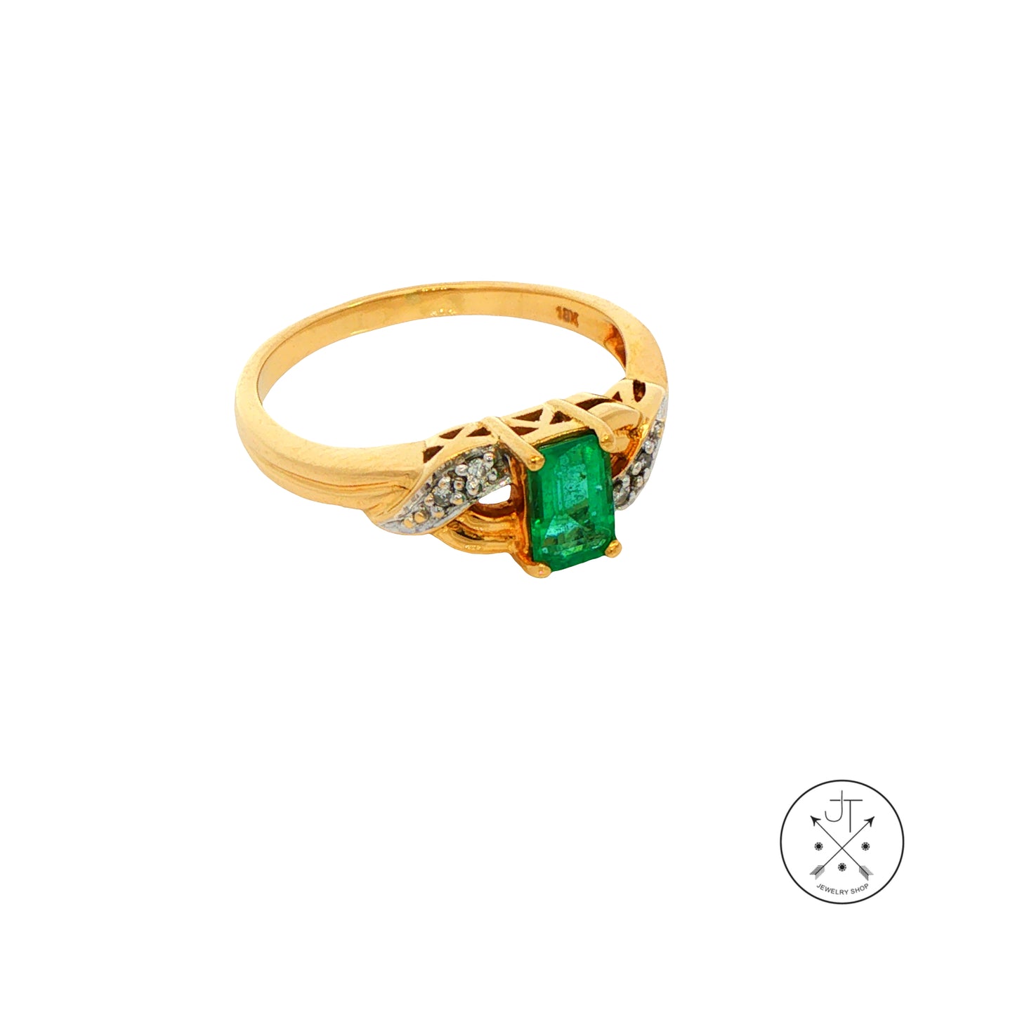 Vintage 18k Yellow Gold Ring with Natural Emerald and Diamonds Size 7