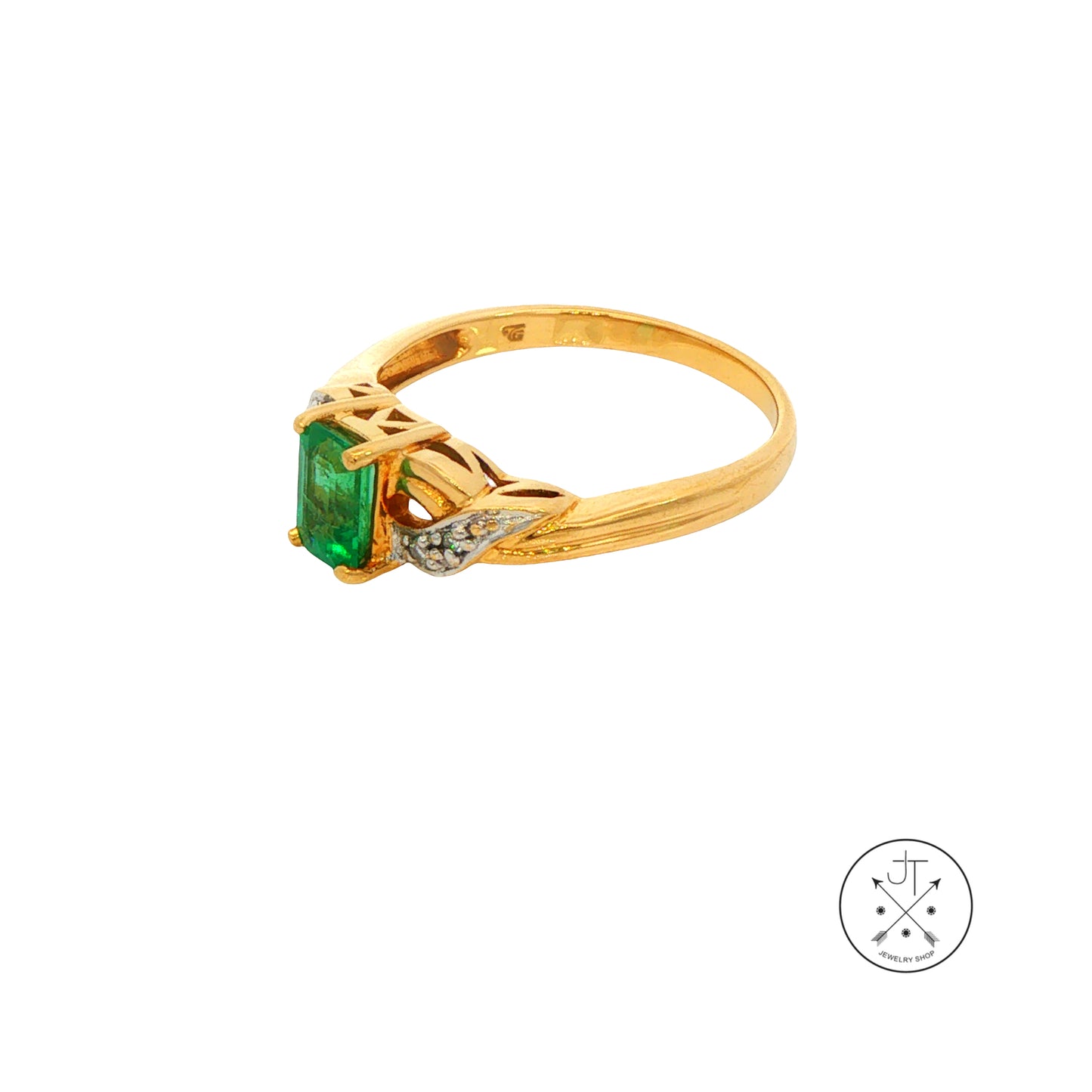 Vintage 18k Yellow Gold Ring with Natural Emerald and Diamonds Size 7