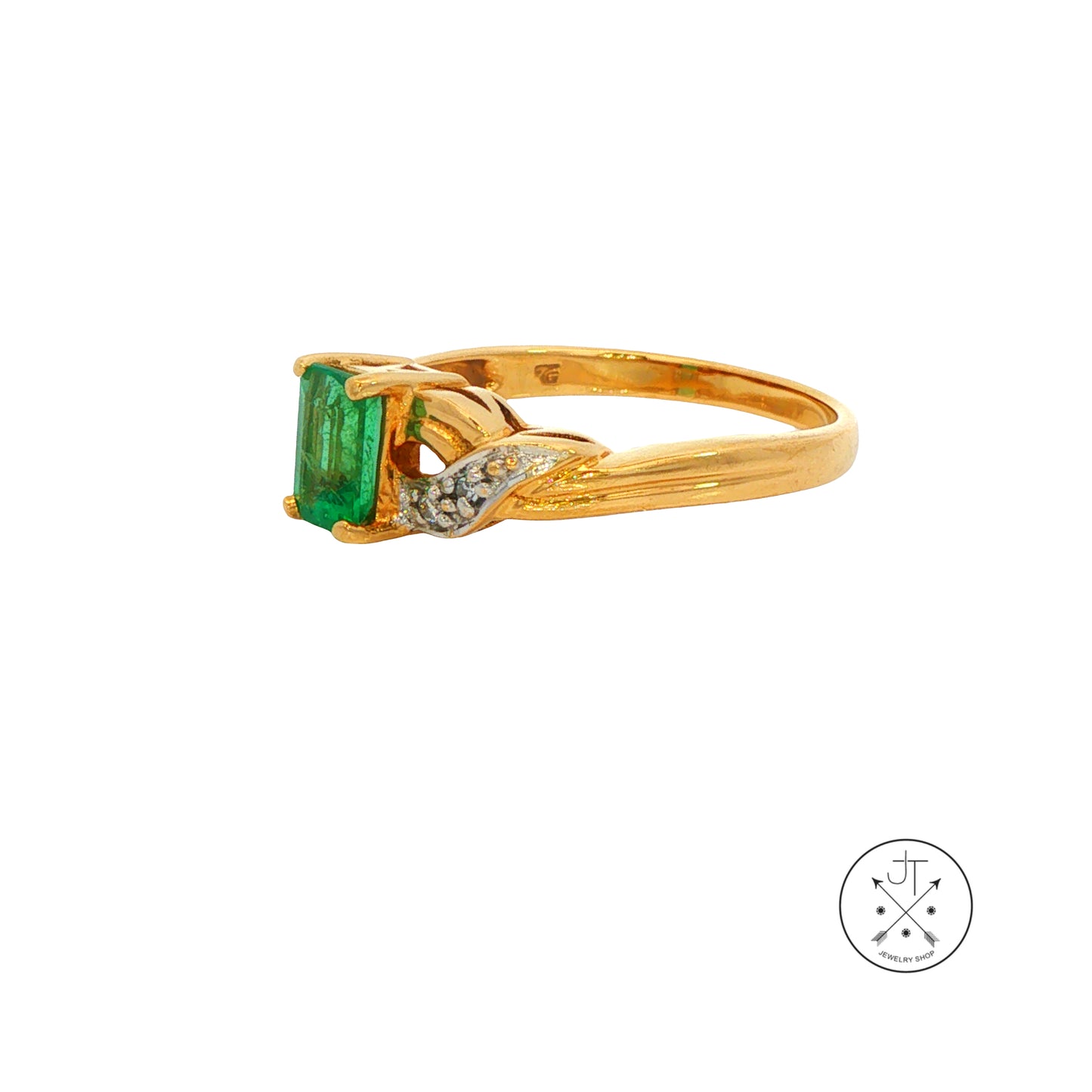 Vintage 18k Yellow Gold Ring with Natural Emerald and Diamonds Size 7