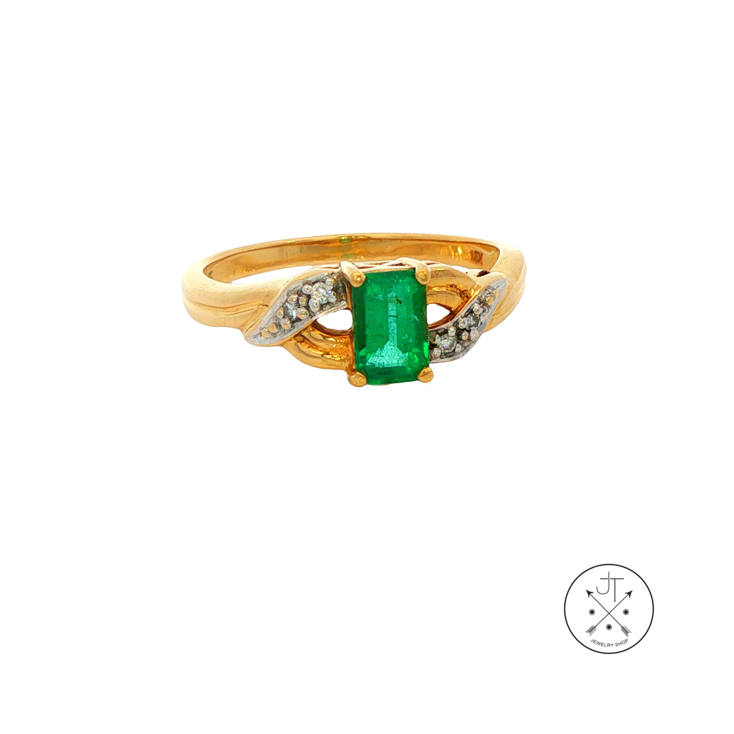 Vintage 18k Yellow Gold Ring with Natural Emerald and Diamonds Size 7