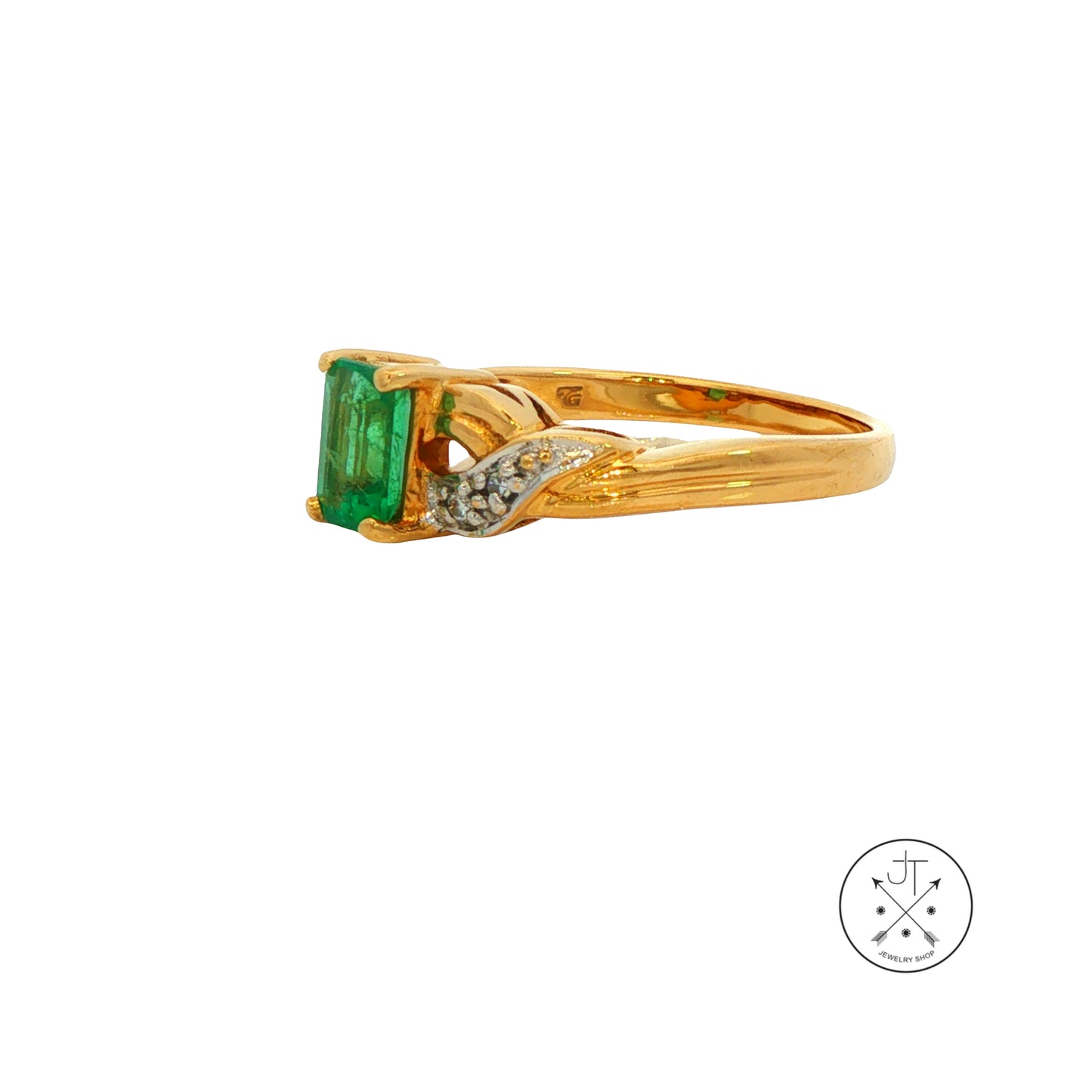 Vintage 18k Yellow Gold Ring with Natural Emerald and Diamonds Size 7