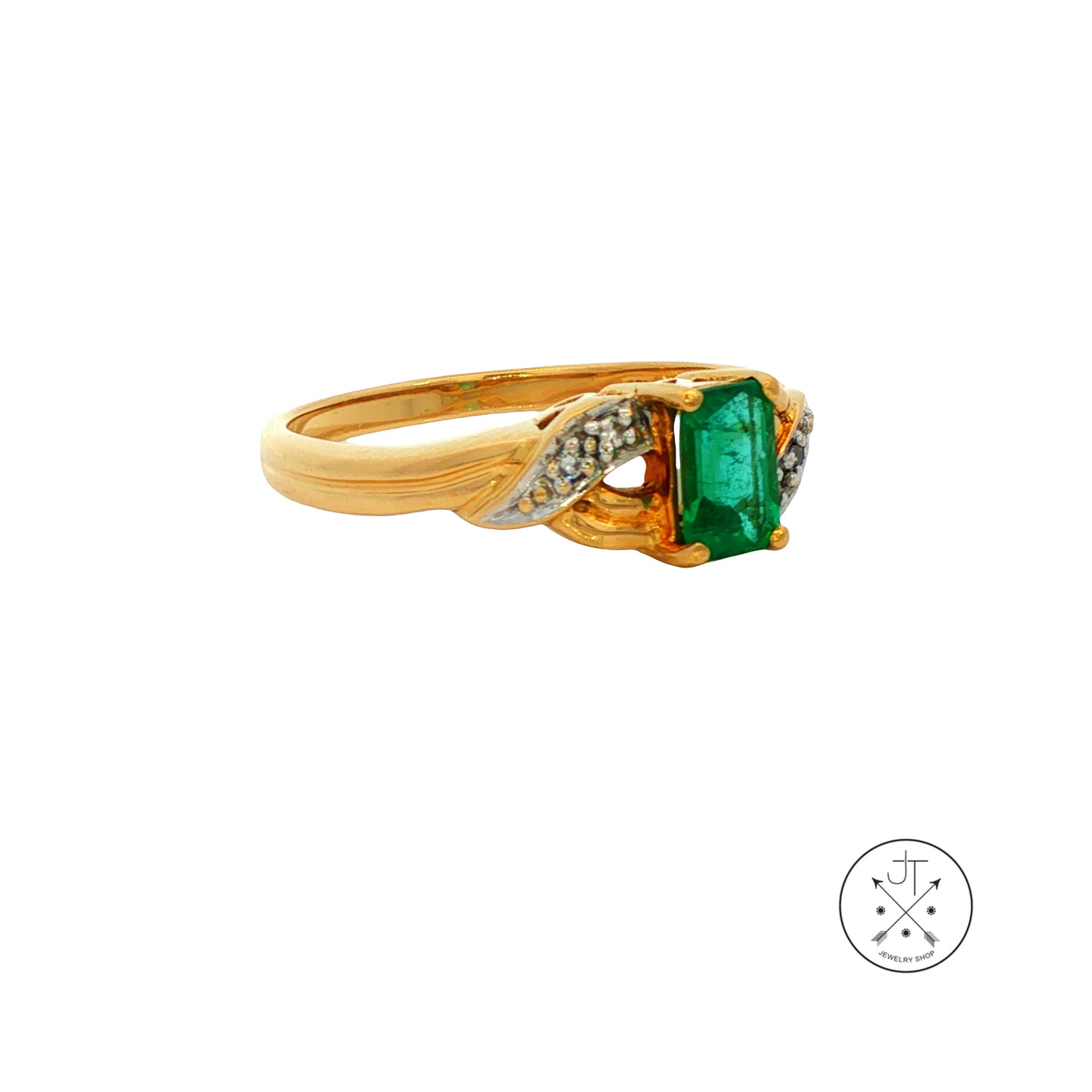 Vintage 18k Yellow Gold Ring with Natural Emerald and Diamonds Size 7