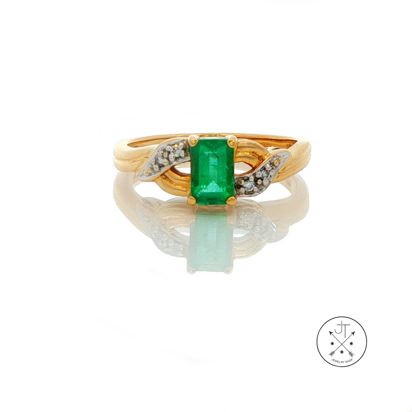 Vintage 18k Yellow Gold Ring with Natural Emerald and Diamonds Size 7