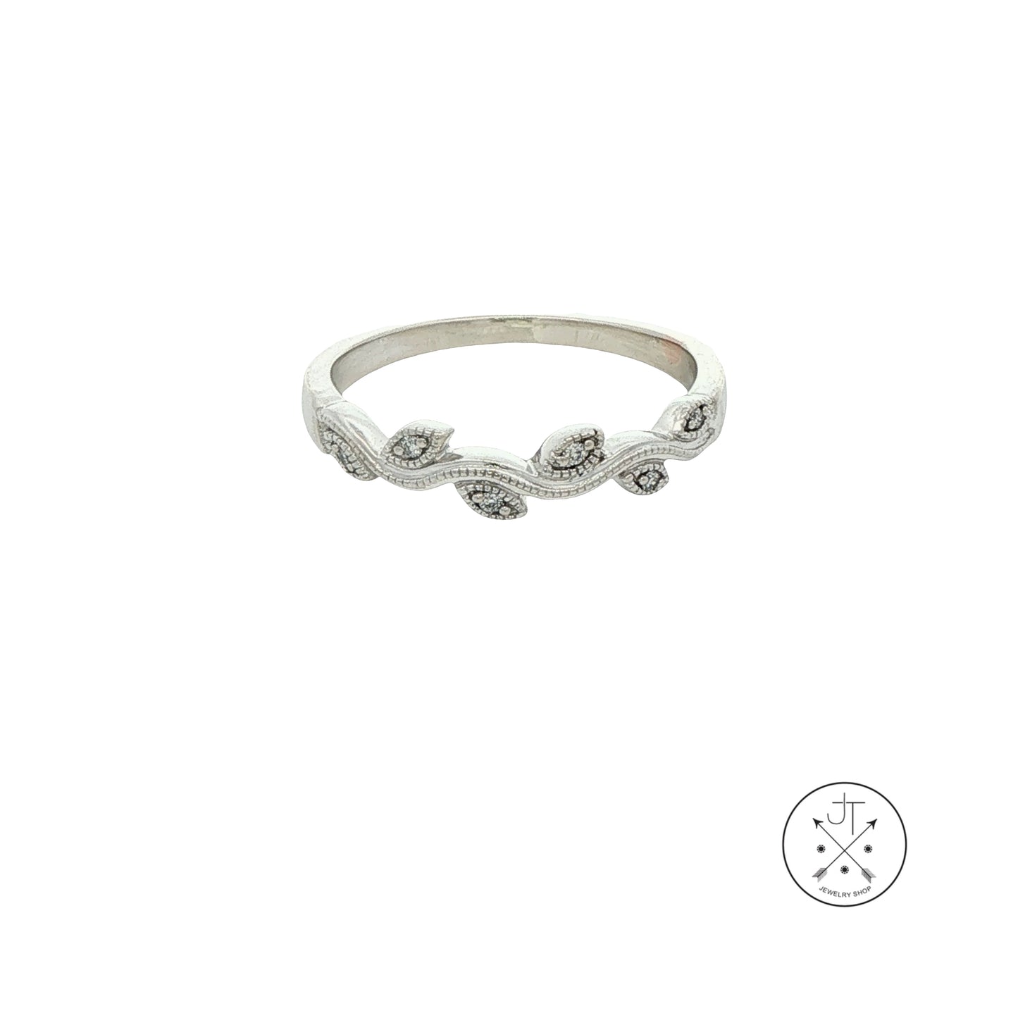 14k White Gold Leaf and Vine Band with .04 ctw Natural Diamonds Size 6.75 Thin Stack