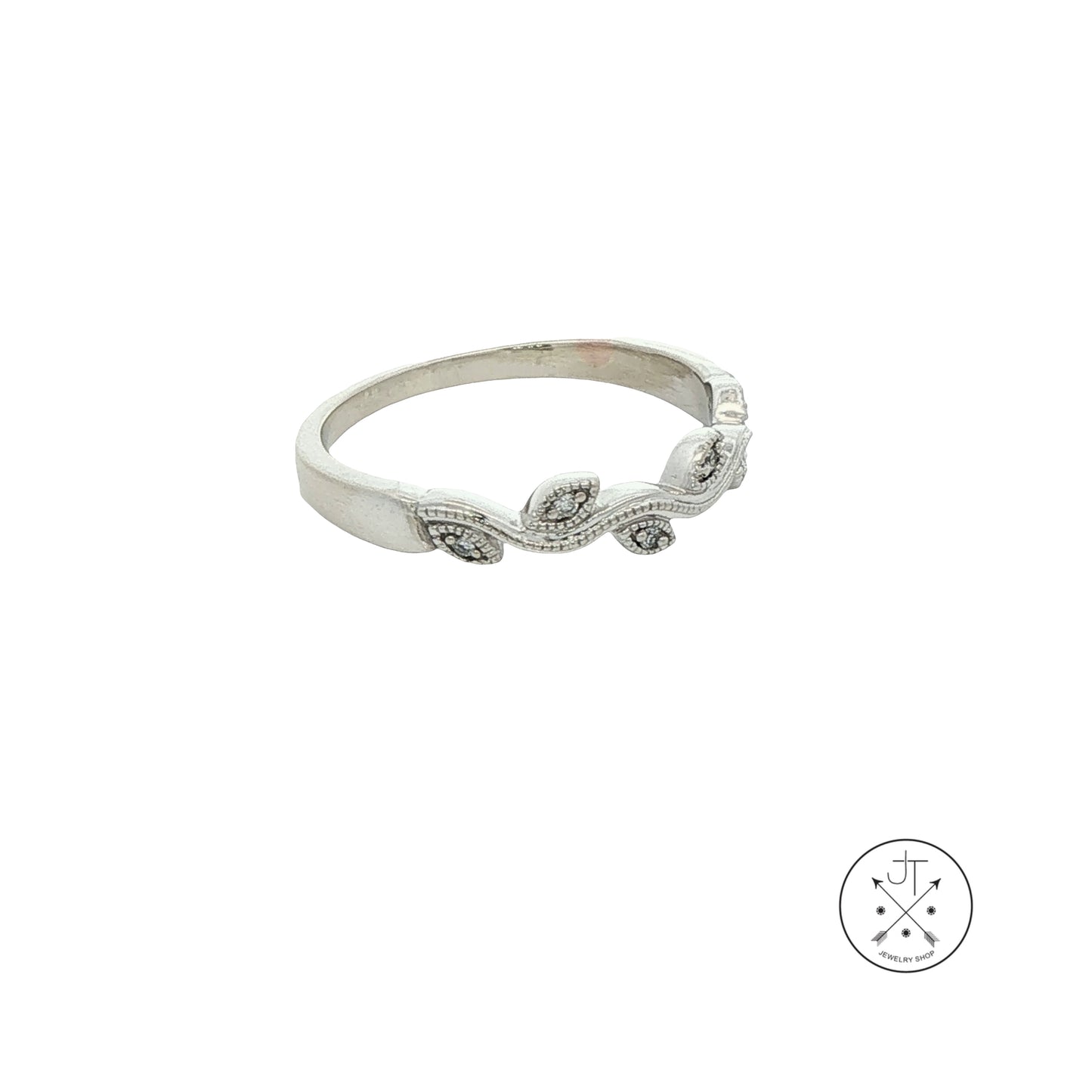 14k White Gold Leaf and Vine Band with .04 ctw Natural Diamonds Size 6.75 Thin Stack