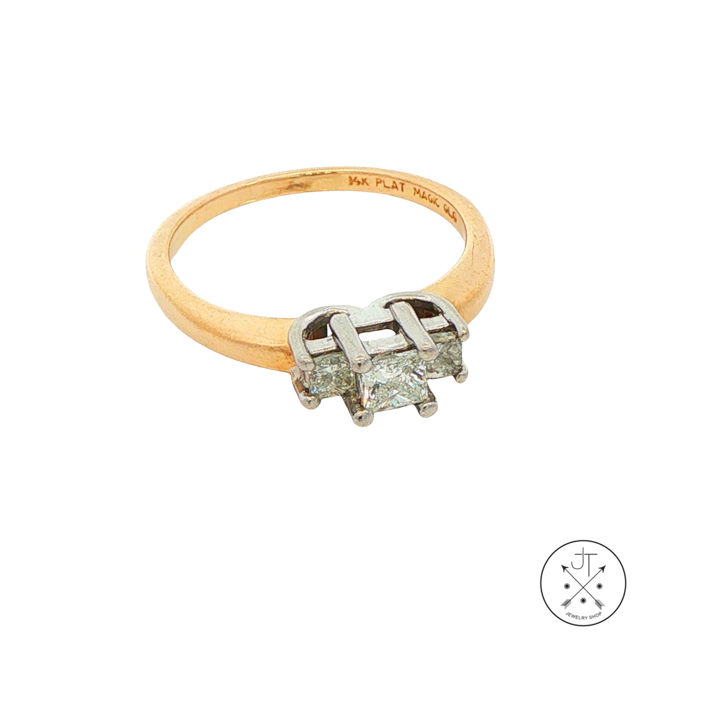Vintage 14k Yellow Gold and Platinum Ring with 1/2 ctw natural Diamonds Size 6.75 Three Stone Princess Ring