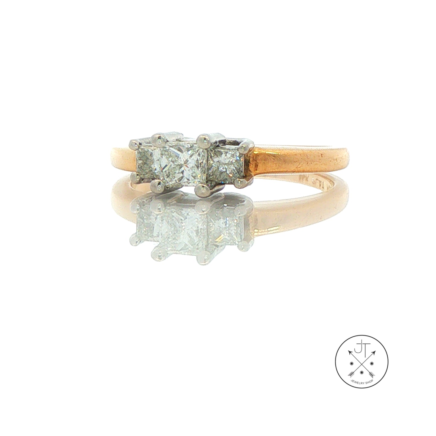 Vintage 14k Yellow Gold and Platinum Ring with 1/2 ctw natural Diamonds Size 6.75 Three Stone Princess Ring