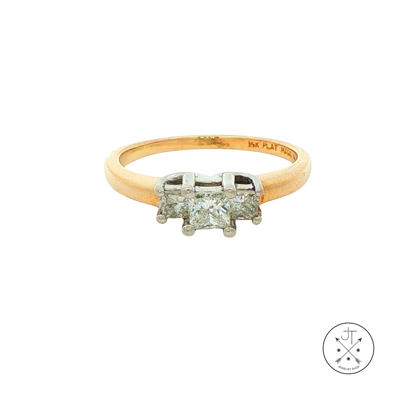 Vintage 14k Yellow Gold and Platinum Ring with 1/2 ctw natural Diamonds Size 6.75 Three Stone Princess Ring