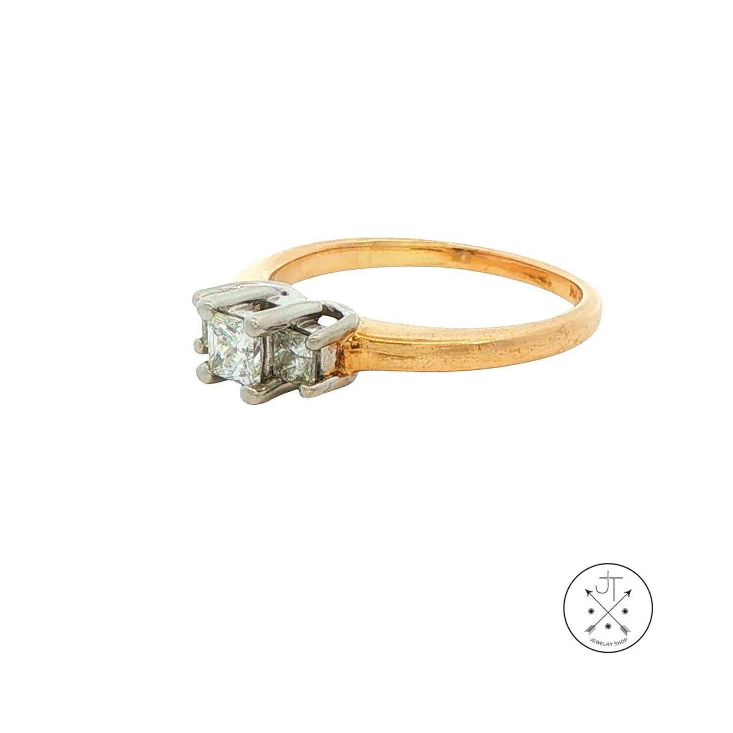 Vintage 14k Yellow Gold and Platinum Ring with 1/2 ctw natural Diamonds Size 6.75 Three Stone Princess Ring