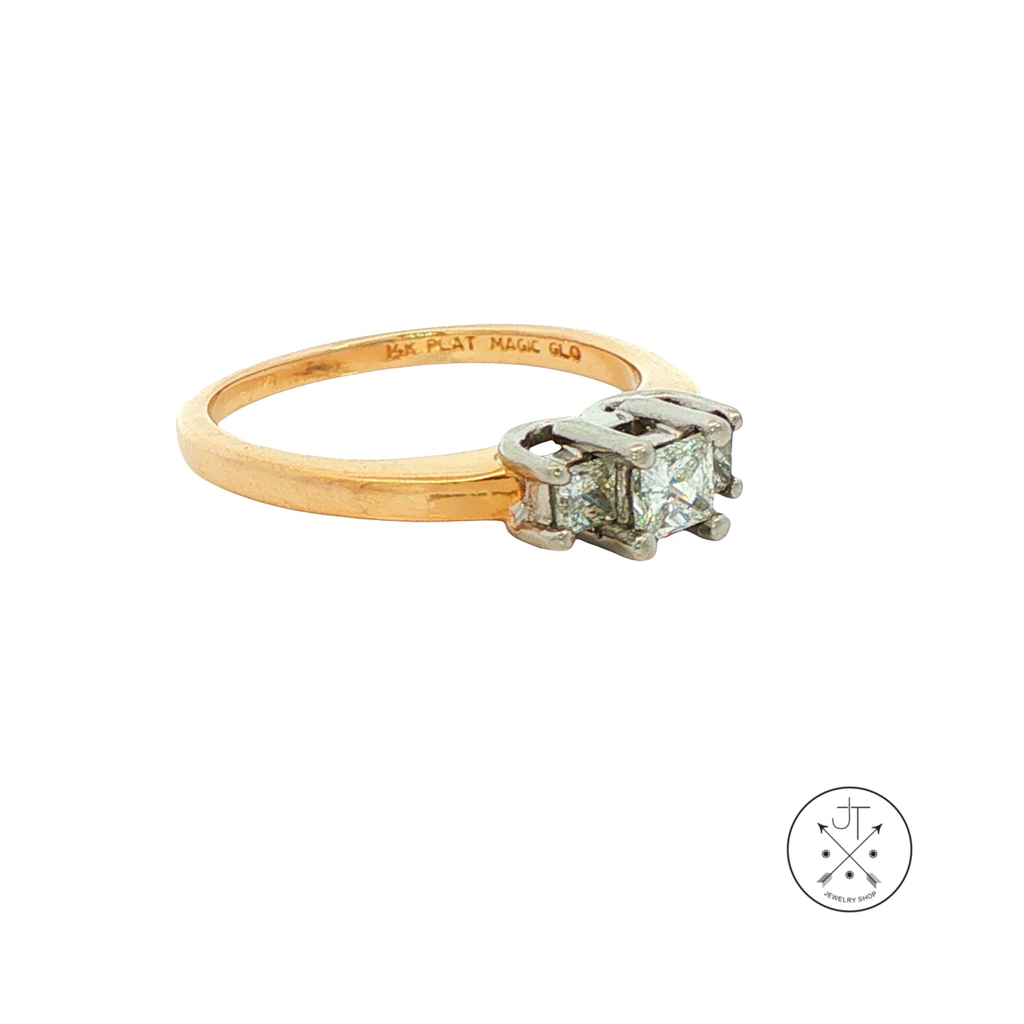 Vintage 14k Yellow Gold and Platinum Ring with 1/2 ctw natural Diamonds Size 6.75 Three Stone Princess Ring