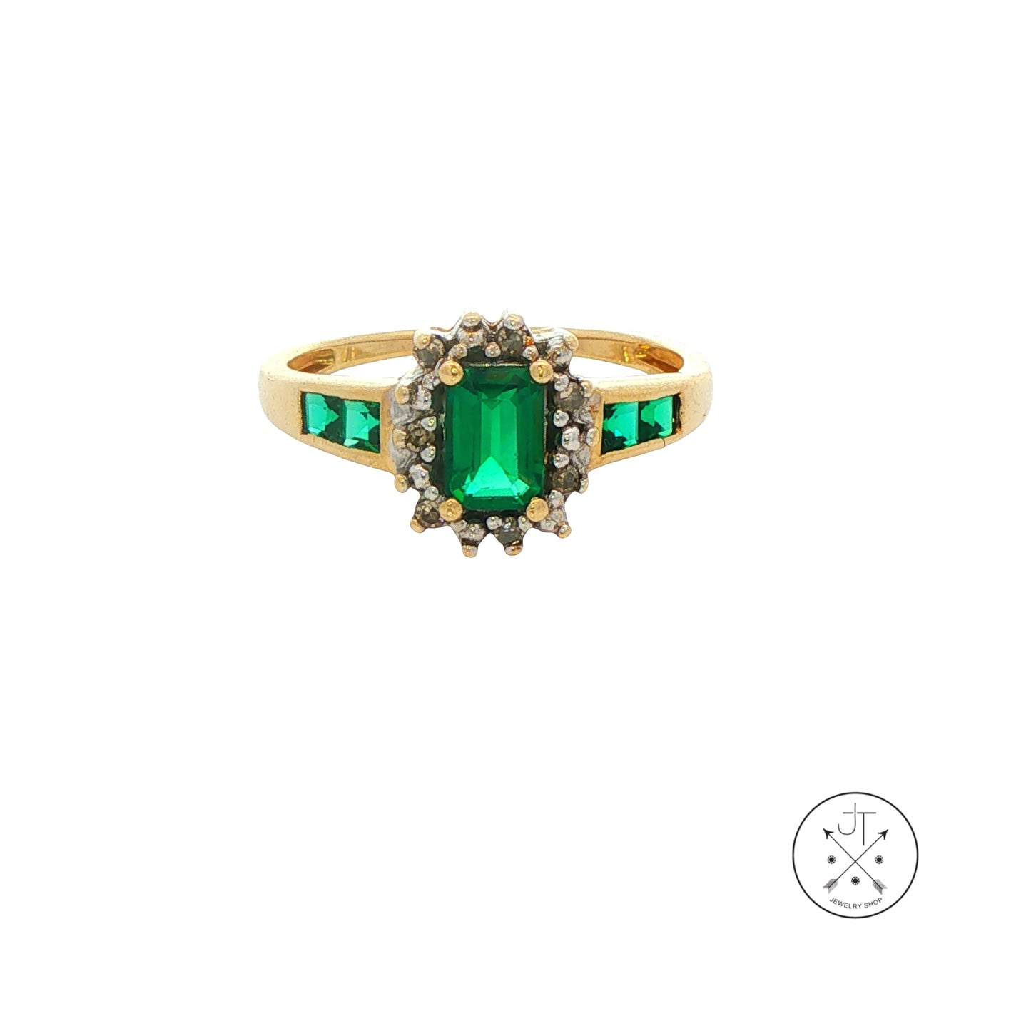 Vintage 10k Yellow Gold Ring with Natural Zambian Emeralds and Diamonds Size 7.25