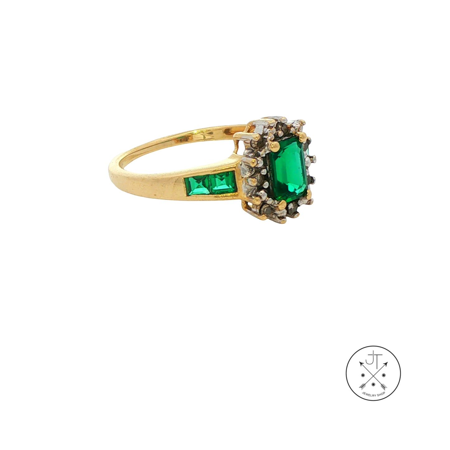 Vintage 10k Yellow Gold Ring with Natural Zambian Emeralds and Diamonds Size 7.25