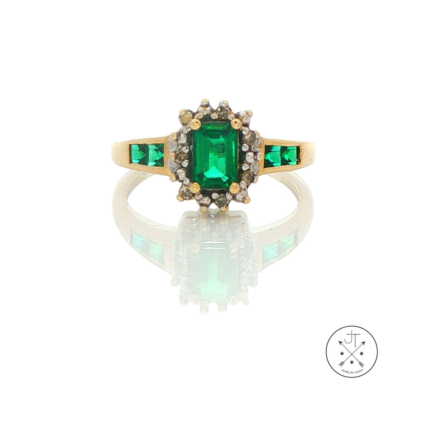 Vintage 10k Yellow Gold Ring with Natural Zambian Emeralds and Diamonds Size 7.25