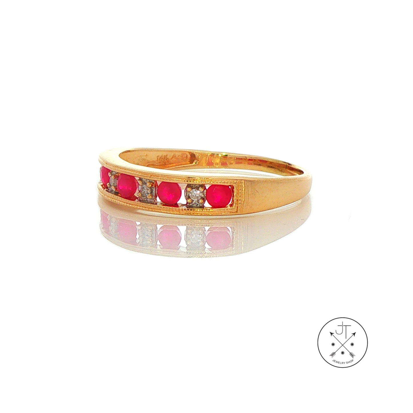 Vintage 14k Yellow Gold 4 mm Band with Natural Ruby and Diamond Size 9.25 Stackable