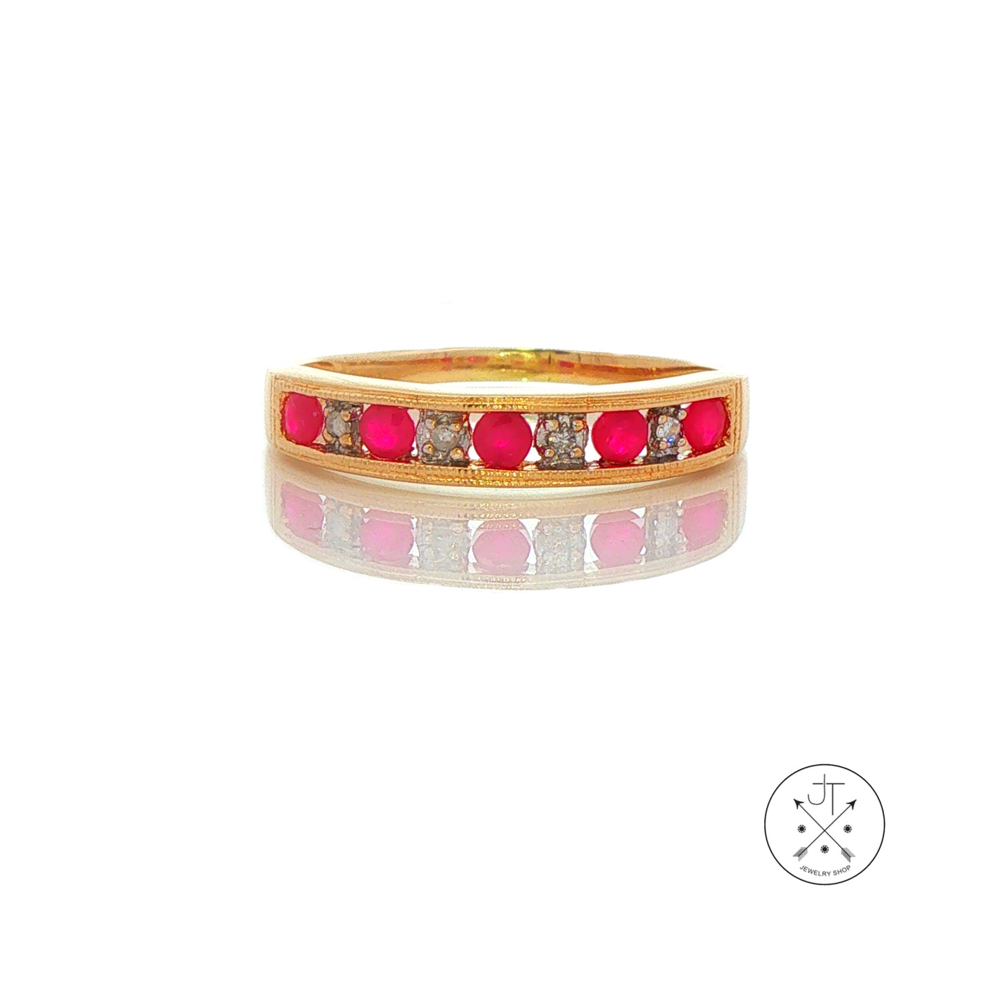 Vintage 14k Yellow Gold 4 mm Band with Natural Ruby and Diamond Size 9.25 Stackable