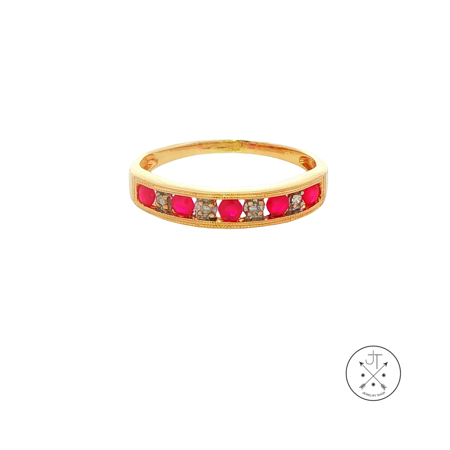 Vintage 14k Yellow Gold 4 mm Band with Natural Ruby and Diamond Size 9.25 Stackable