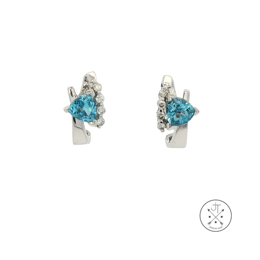 14k White Gold Stud Earrings with Natural Blue Topaz and Diamonds