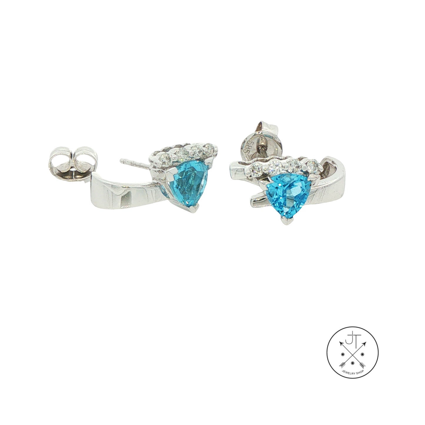 14k White Gold Stud Earrings with Natural Blue Topaz and Diamonds